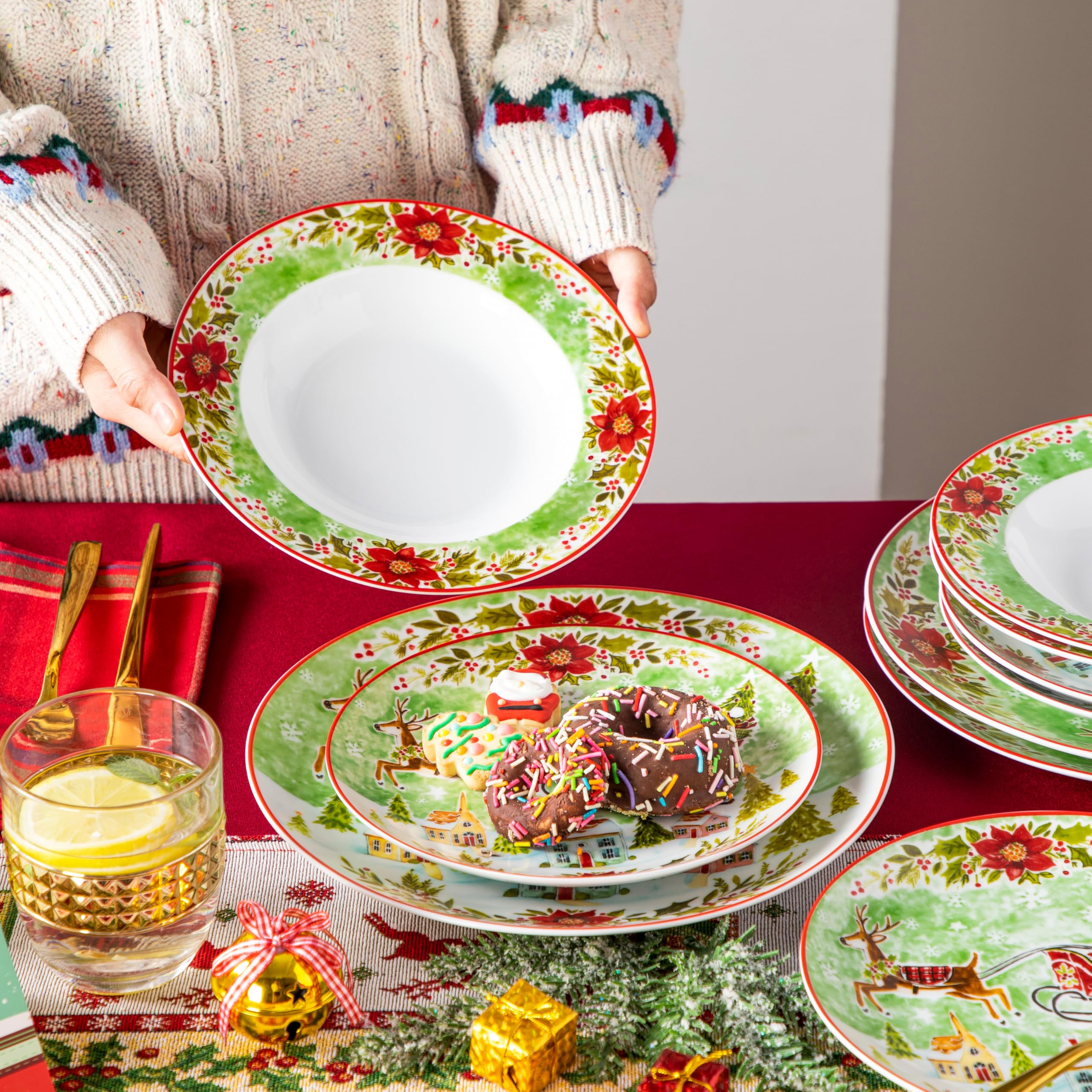 VEWEET 18-Piece Porcelain Christmas Dinnerware Set for 6 - 6 Dinner Plates, 6 Dessert Plates, 6 Soup Plates with Santa & Reindeer Design | Holiday Table Setting, Christmas Party, Festive Family Dinner