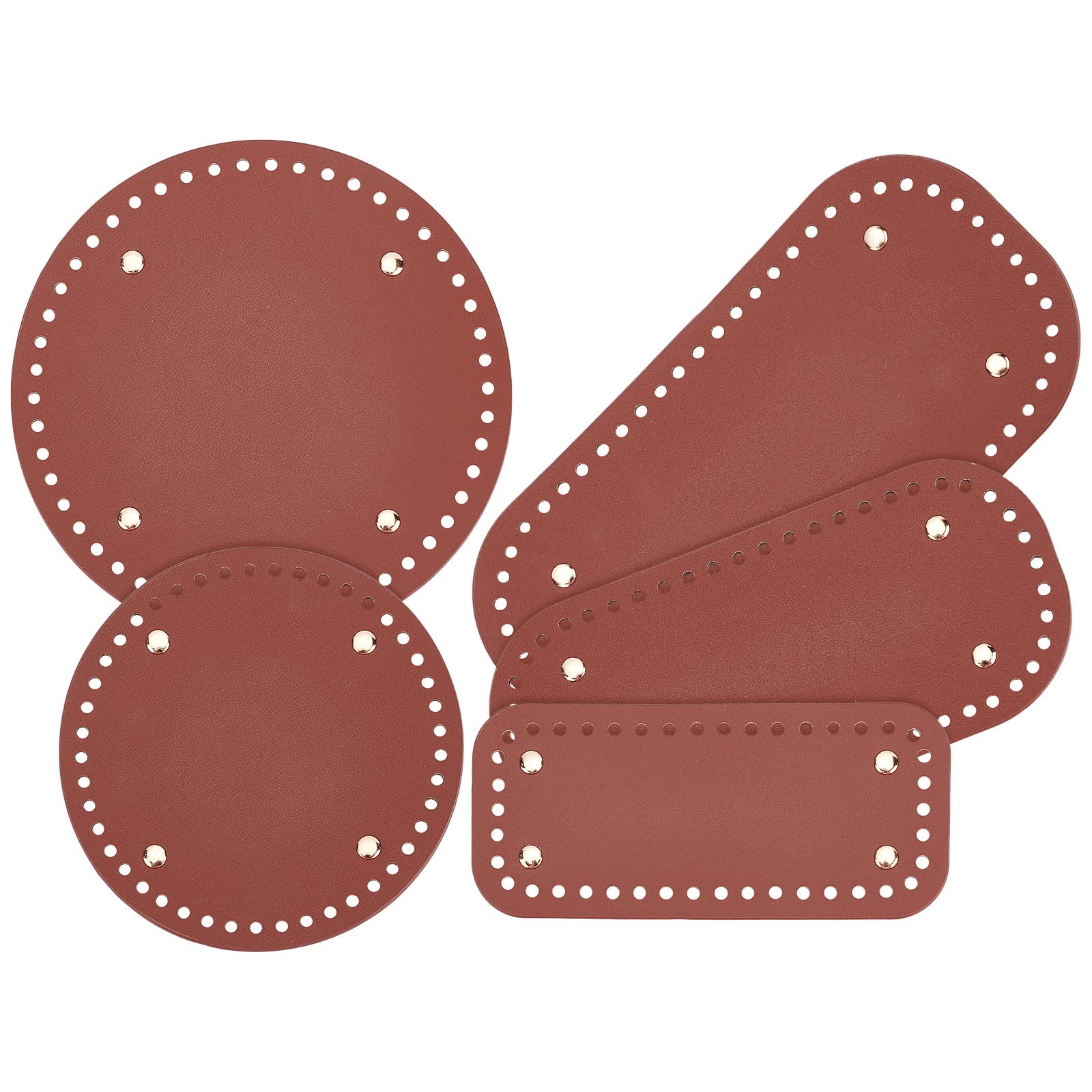 PH PandaHall 5 Sizes Crochet Bag Base - 5pcs Oval/Round/Rectangle Leather Bottom Shaper Pads with Golden Alloy Nails for DIY Handbag, Purse & Shoulder Bag Making (Brown) - Perfect for Crafting, Repairing & Reinforcing Crochet Bags