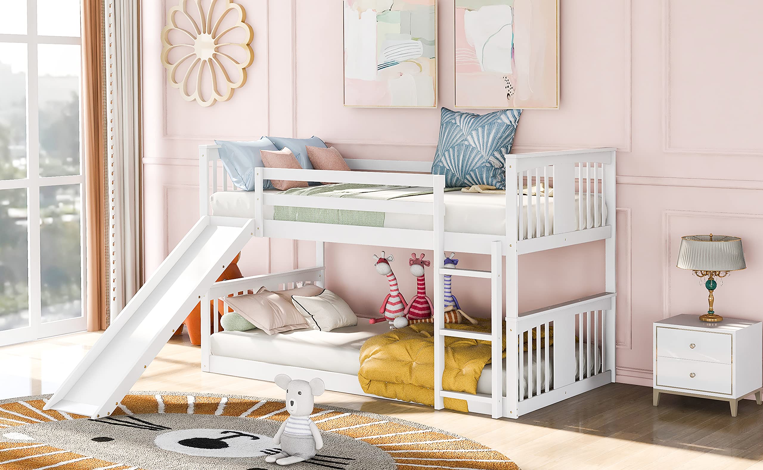 Low Twin Over Twin Bunk Bed with Slide - Solid Wood Kids Bunk Bed with Safety Guardrail, Ladder, Headboard & Footboard - Perfect for Toddlers, Children & Teens (White Finish) - Ideal for Small Bedrooms, Shared Kids Rooms & Vacation Homes