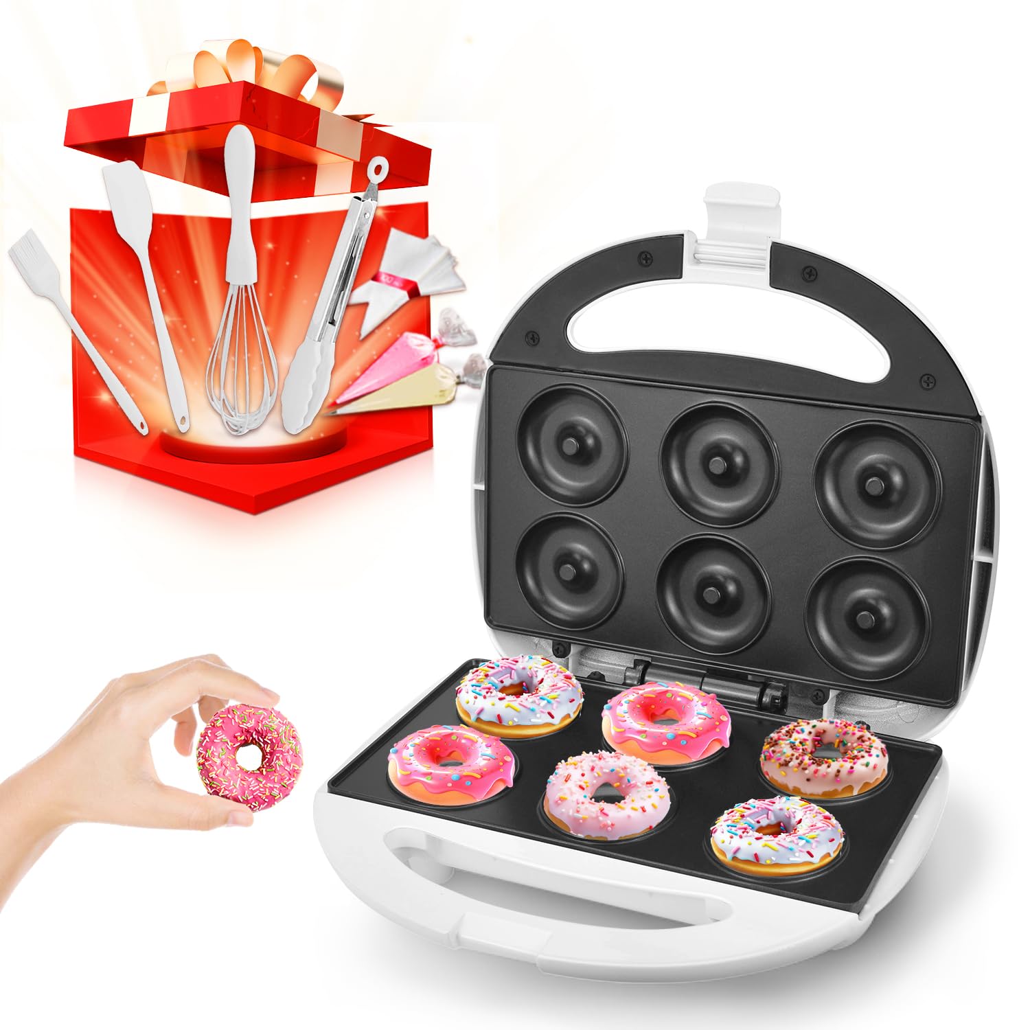 Mini Donut Maker Machine - Non-Stick Electric Doughnut Baker with Cool Touch - Makes 6 Mini Donuts at Once - Perfect for Breakfast, Snacks, Desserts & Party Treats (White) - Great for Home Kitchen, Cafes & Birthday Parties