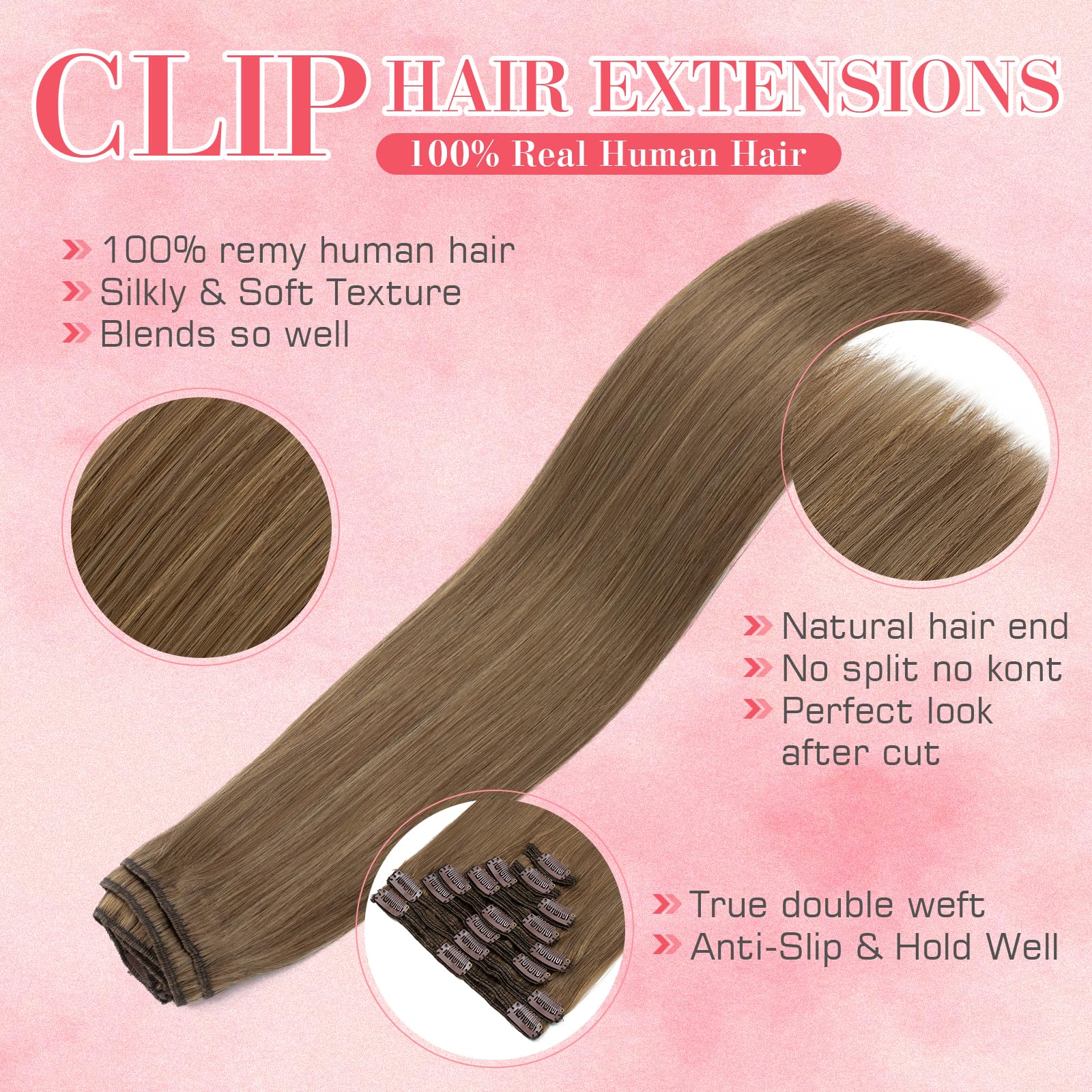 S-noilite Clip in Human Hair Extensions 24 Inch - Light Brown Remy Hair 8Pieces 170g Double Weft #6 for Volume & Length - Perfect for Parties, Weddings & Daily Styling