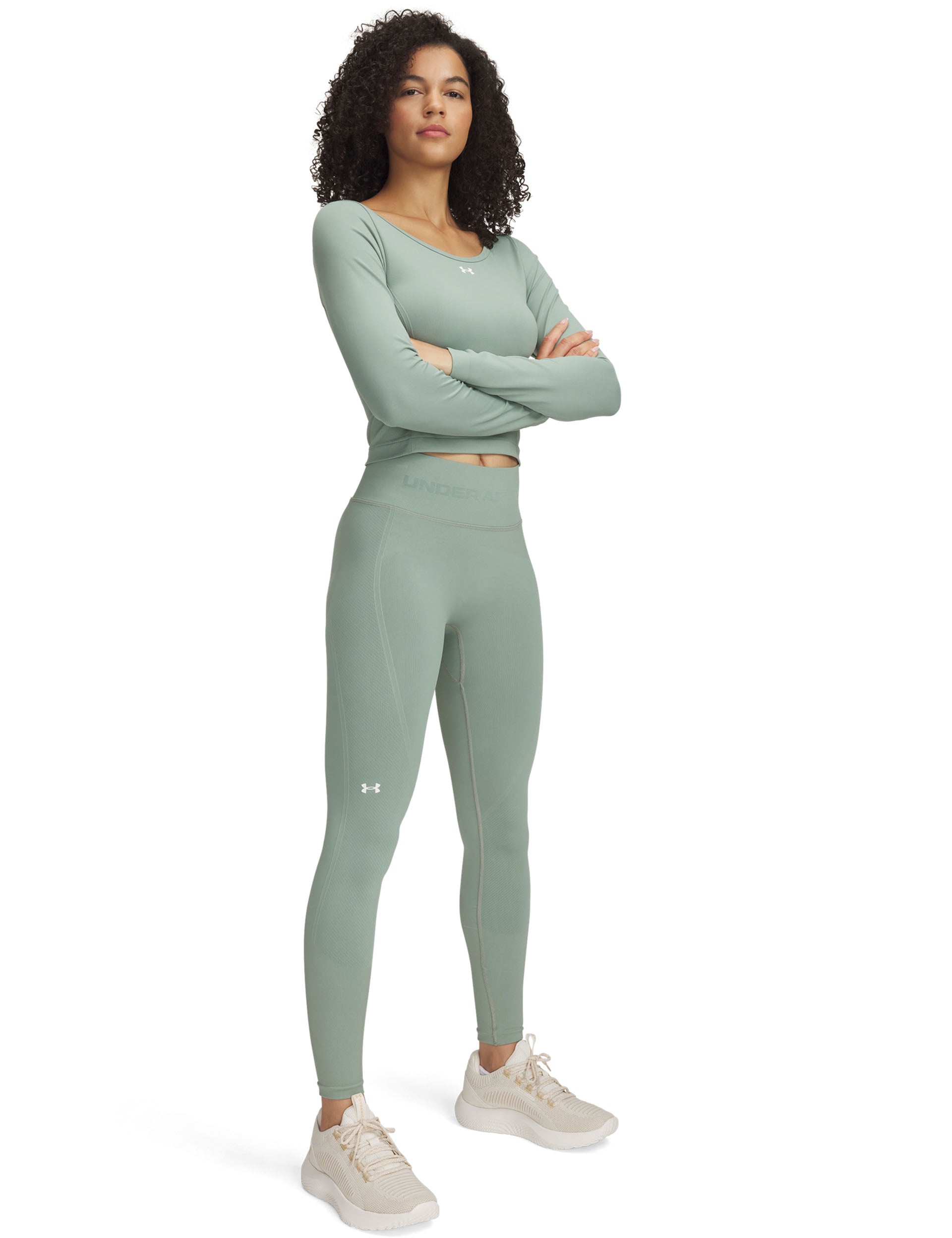 Seamless Yoga Leggings for Women - High Waist Silica Green & White Workout Pants - Perfect for Gym, Running & Lounge Wear