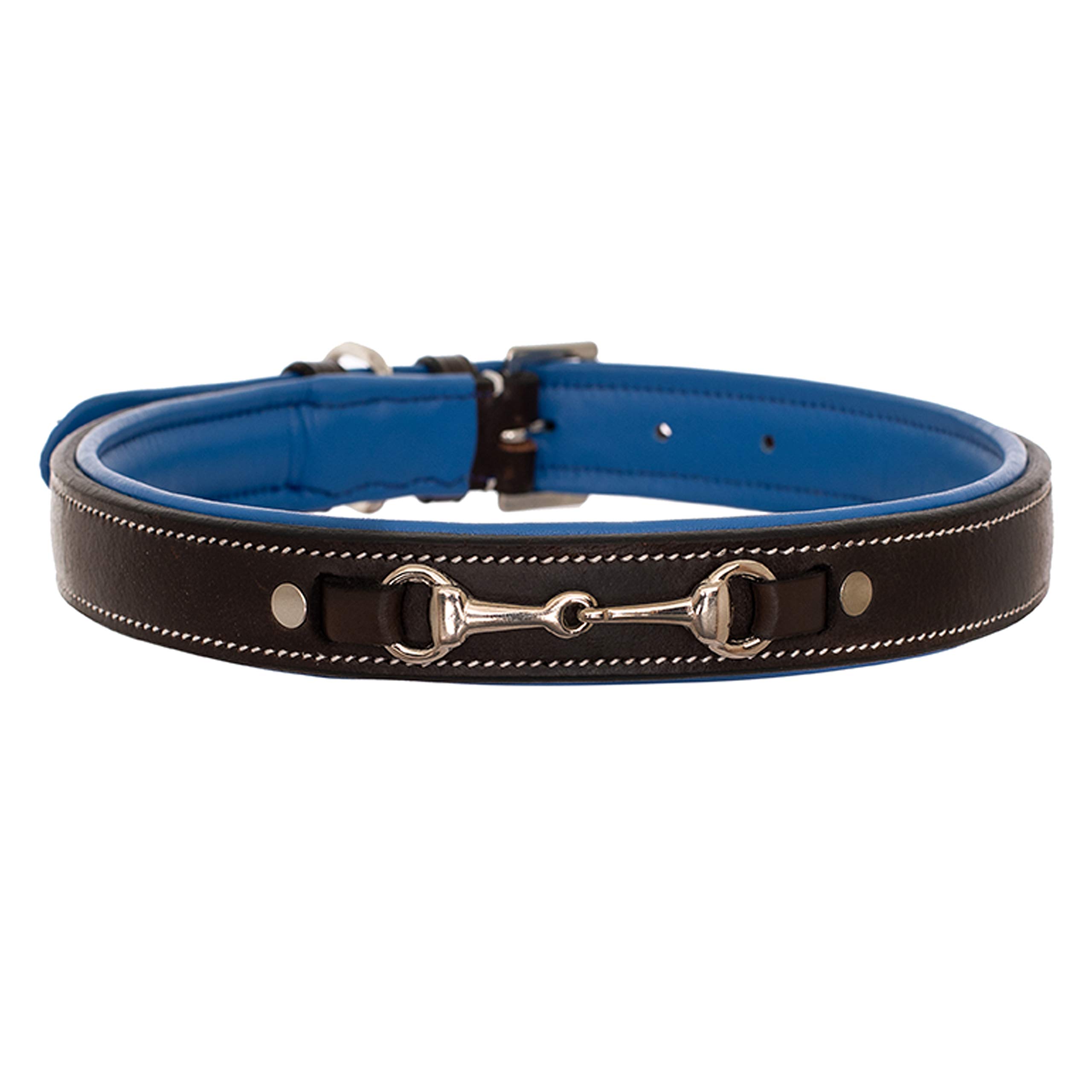 Exion Genuine Leather Dog Collar with Silver Snaffle - Soft Padded & Adjustable for Small, Medium, Large & X-Large Dogs - Perfect for Walking, Running & Outdoor Adventures - Havana Brown with Blue Padding - Durable & Comfortable Pet Accessory for Daily Use