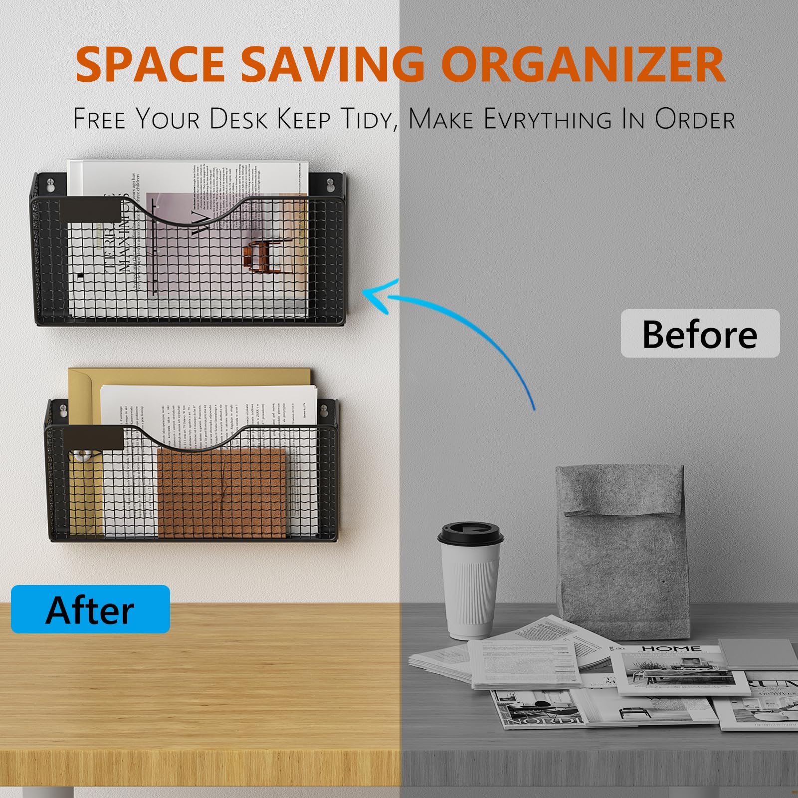 MFTEK Magnetic File Holder - 2-Pocket No Drill Magnetic Folder Organizer for Papers, Mail, Magazines - Wall & Fridge Mount Storage Rack for Office, Classroom, Kitchen & Home Organization