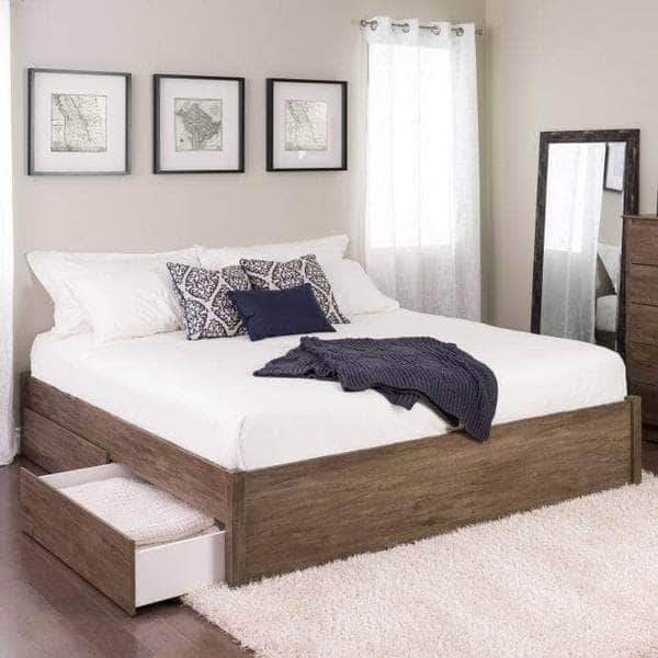 4 Post Platform Bed with 4 Drawers - Queen/King Size Wooden Bed Frame - Modern Storage Bed for Master Bedroom - Perfect for Small Spaces & Apartment Living