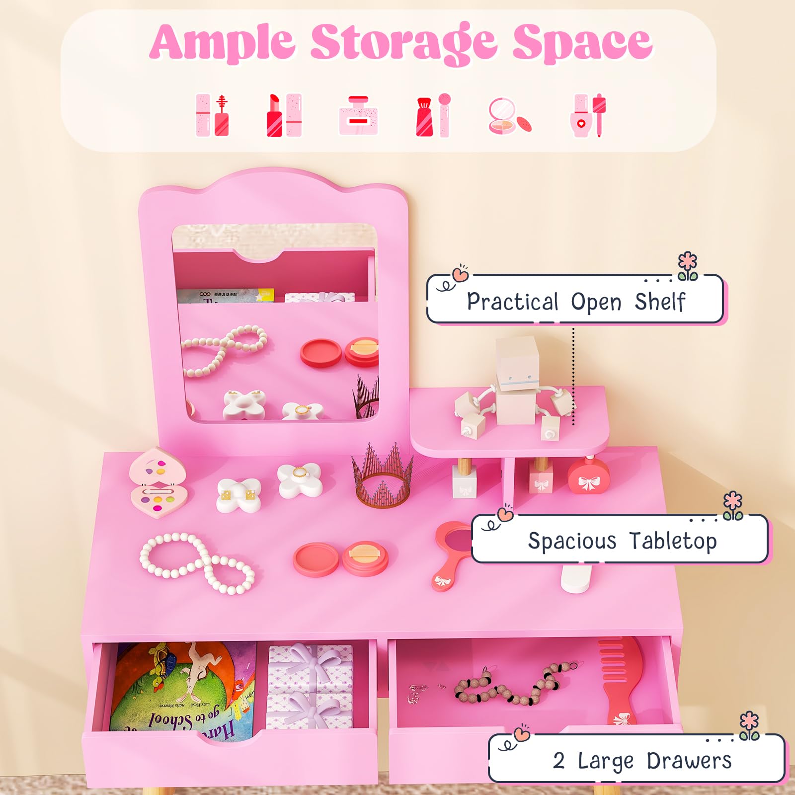 Olakids 2-in-1 Wooden Princess Vanity Set with Mirror & Storage - Kids Makeup Table & Chair, Toddler Dressing Desk Toy for Girls - Perfect for Pretend Play, Birthday Gifts & Bedroom Decor (Pink)