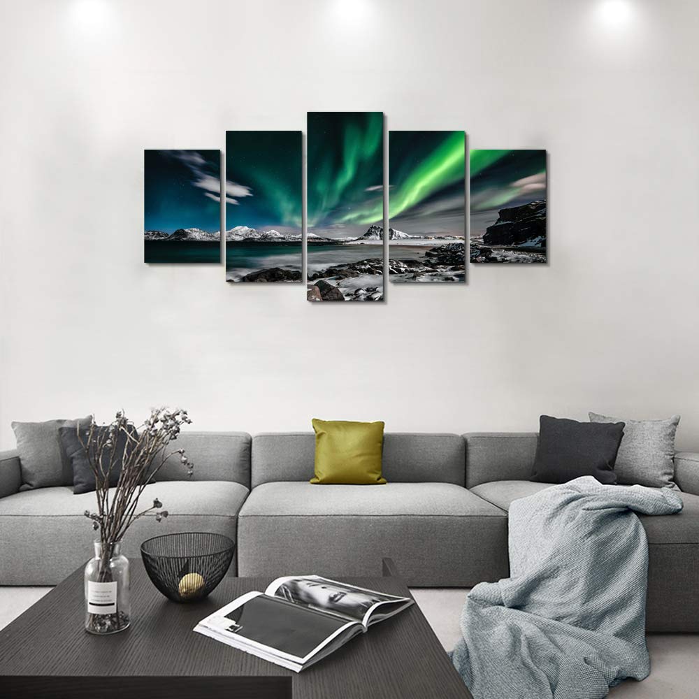 EPHANY Green Sky Night Painting - 5 Piece Aurora Landscape Wall Art Set, Stretched Framed Canvas Prints for Home Decor - Perfect for Living Room, Bedroom & Office Wall Decor