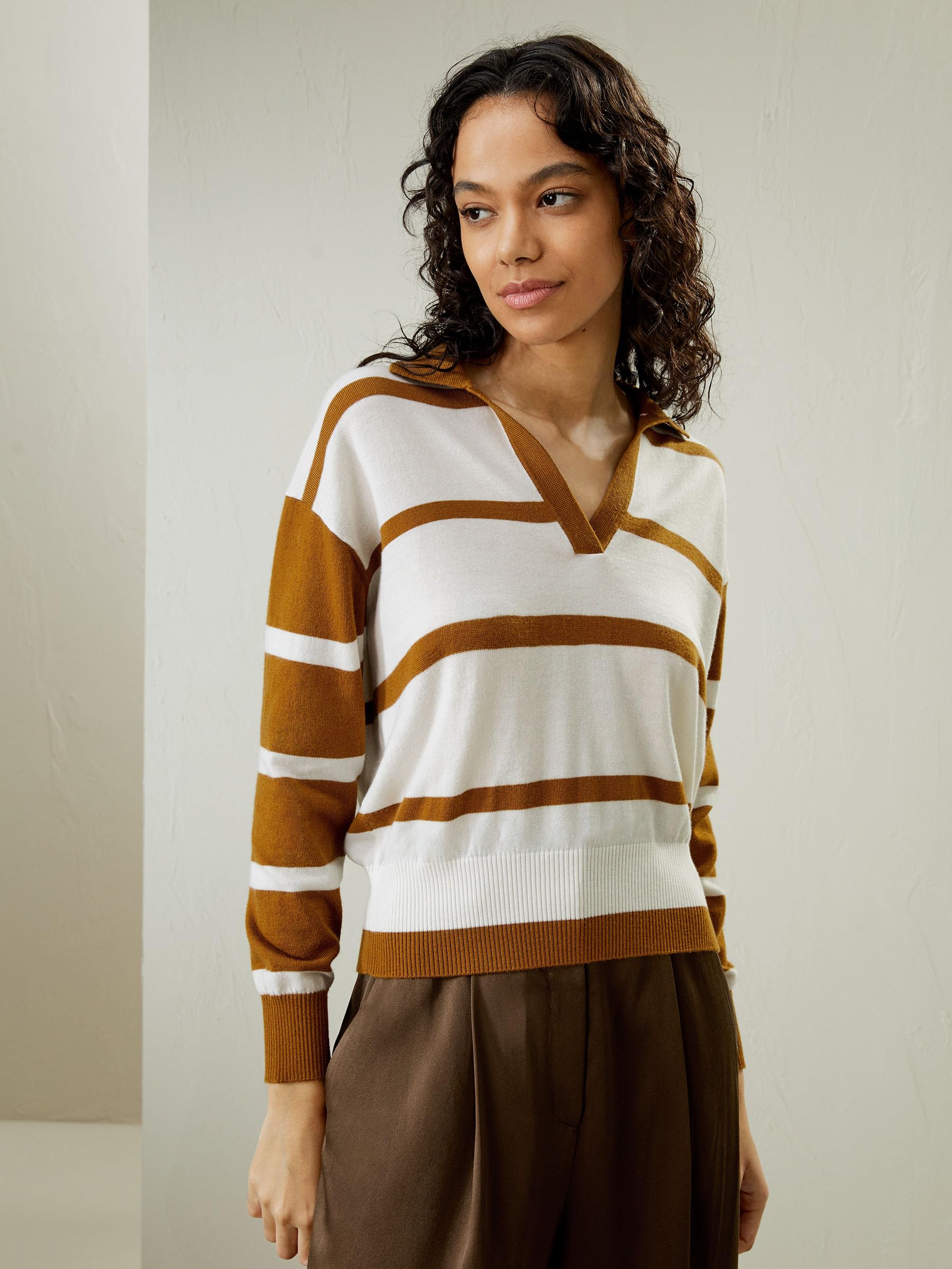 LilySilk 100% Merino Wool Women's Polo V-Neck Pullover Sweater - Soft Oversized Casual Knit Top with Coffee & White Stripes | Perfect for Fall Layering, Office Wear & Cozy Weekends
