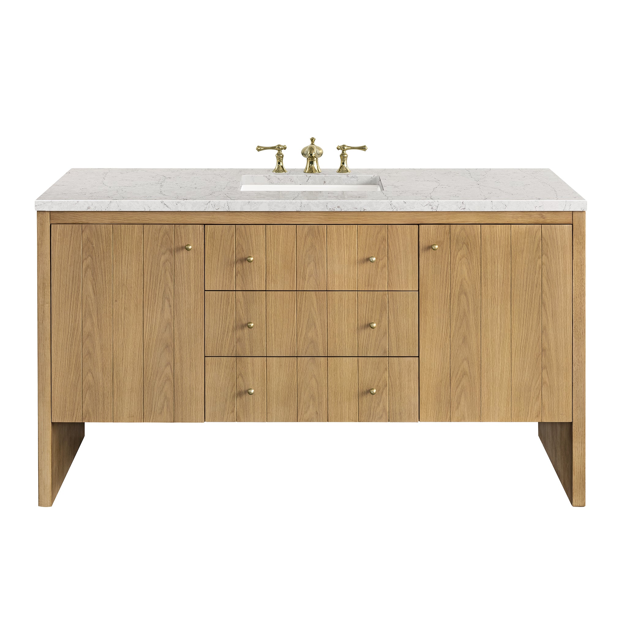 Hudson 60 Inch Single Bathroom Vanity with Light Natural Oak Finish & 3CM Eternal Jasmine Pearl Countertop - Perfect for Modern Master Bathrooms and Powder Rooms