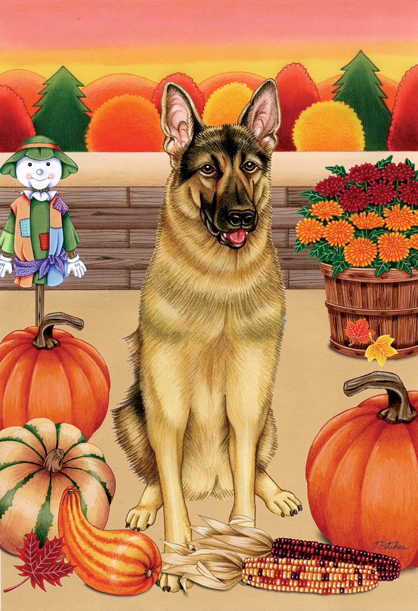 German Shepherd Dog Breed Autumn Harvest House Flag - Durable Outdoor Decoration for Fall Season, Halloween, Thanksgiving & Home Decor