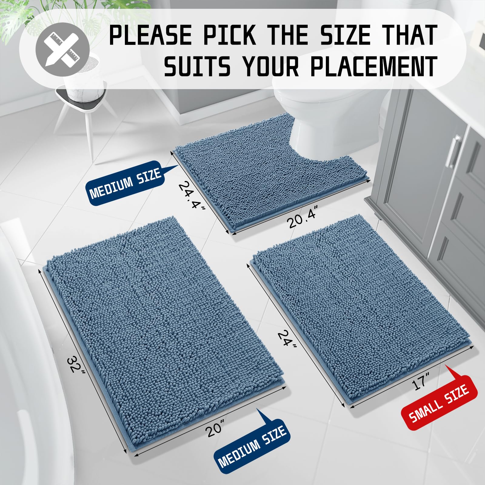 Yimobra Luxury Chenille Shaggy Bathroom Rug Mat - 32''x20'' Extra Soft Thick Absorbent Non-Slip Bath Mat for Bathroom Floor, Tub & Shower - Machine Washable Denim Blue - Perfect for Spa-Like Bathroom Decor & Cozy Home Comfort
