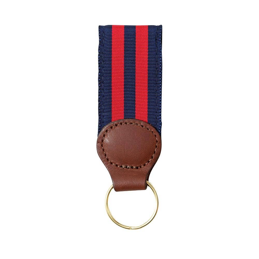 Barron's Hunter Navy & Red Grosgrain Ribbon Key Fob - Premium Leather Keychain for Car Keys, House Keys & Gift Giving - Durable & Stylish Accessory for Everyday Use