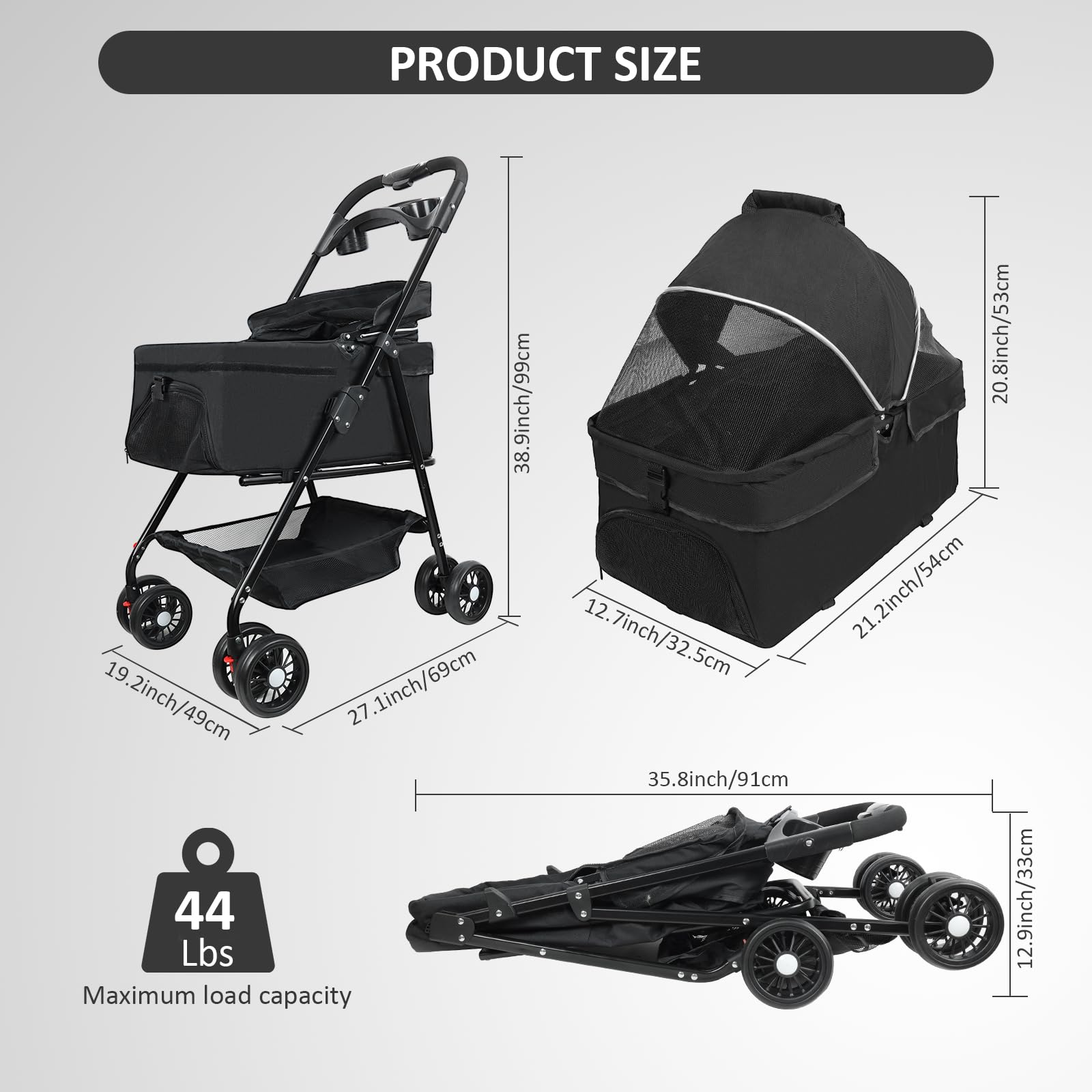 Premium 4-Wheel Pet Stroller for Small & Medium Dogs & Cats Up to 30lbs - Foldable Design with Storage Basket & Cup Holder (Black) - Perfect for Vet Visits, Shopping Trips & Outdoor Adventures
