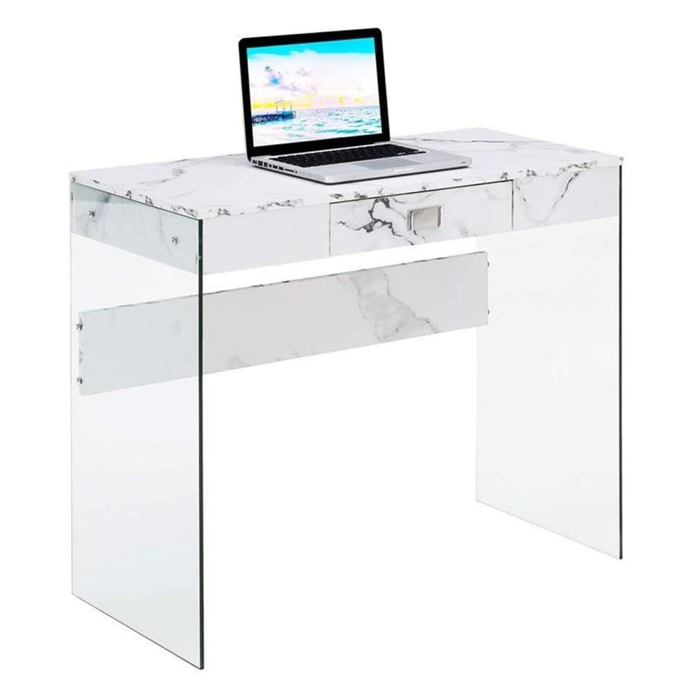 UrbanPro Contemporary 36-Inch Glass Desk with Clear Tempered Glass Top & White Faux Marble Base - Perfect for Home Office, Study Room, or Modern Workspace