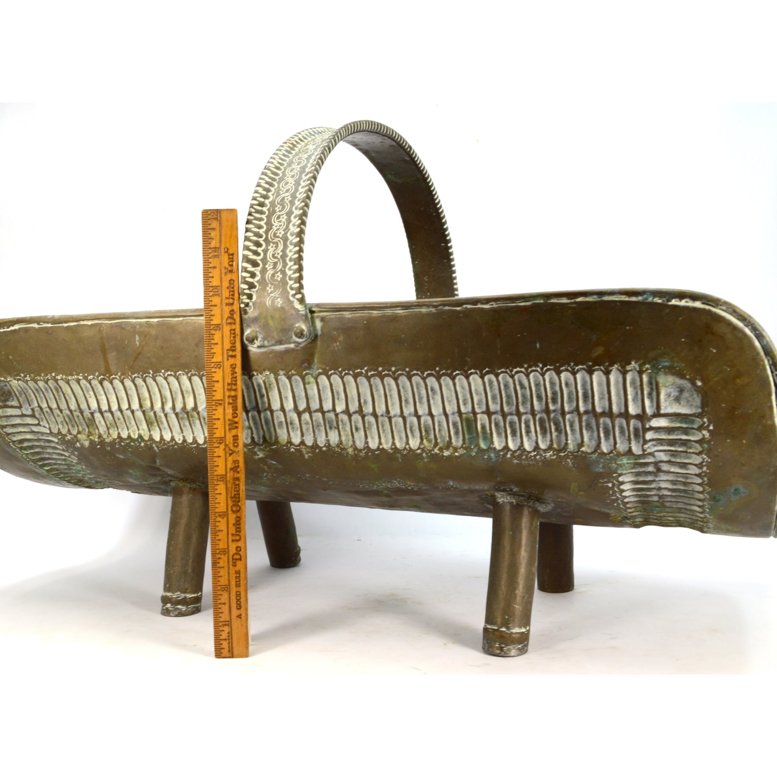 Antique Repousse Copper Log Rack & Hand-Painted Newspaper Magazine Holder with Patina - Rustic Fireplace Storage for Living Room & Cabin Decor