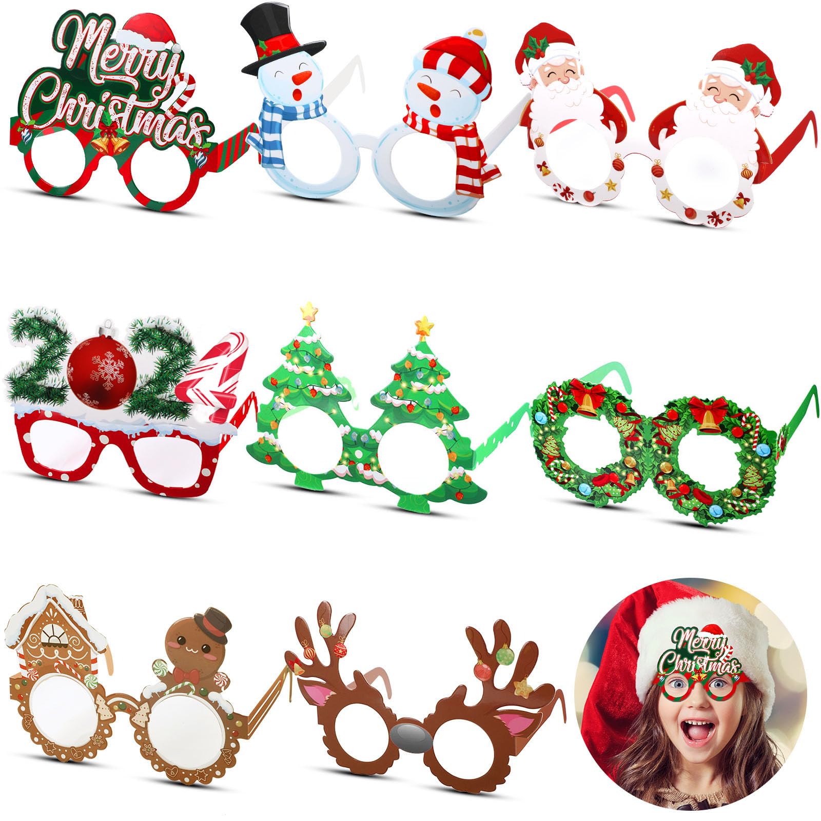 Sumind 32 Pcs Christmas Paper Eyeglasses - 2025 Reindeer Antlers, Santa & Snowman Xmas Glasses Frames - Fun Holiday Party Costume Decorations & Photo Booth Props for Christmas Parties, Family Gatherings & Office Celebrations