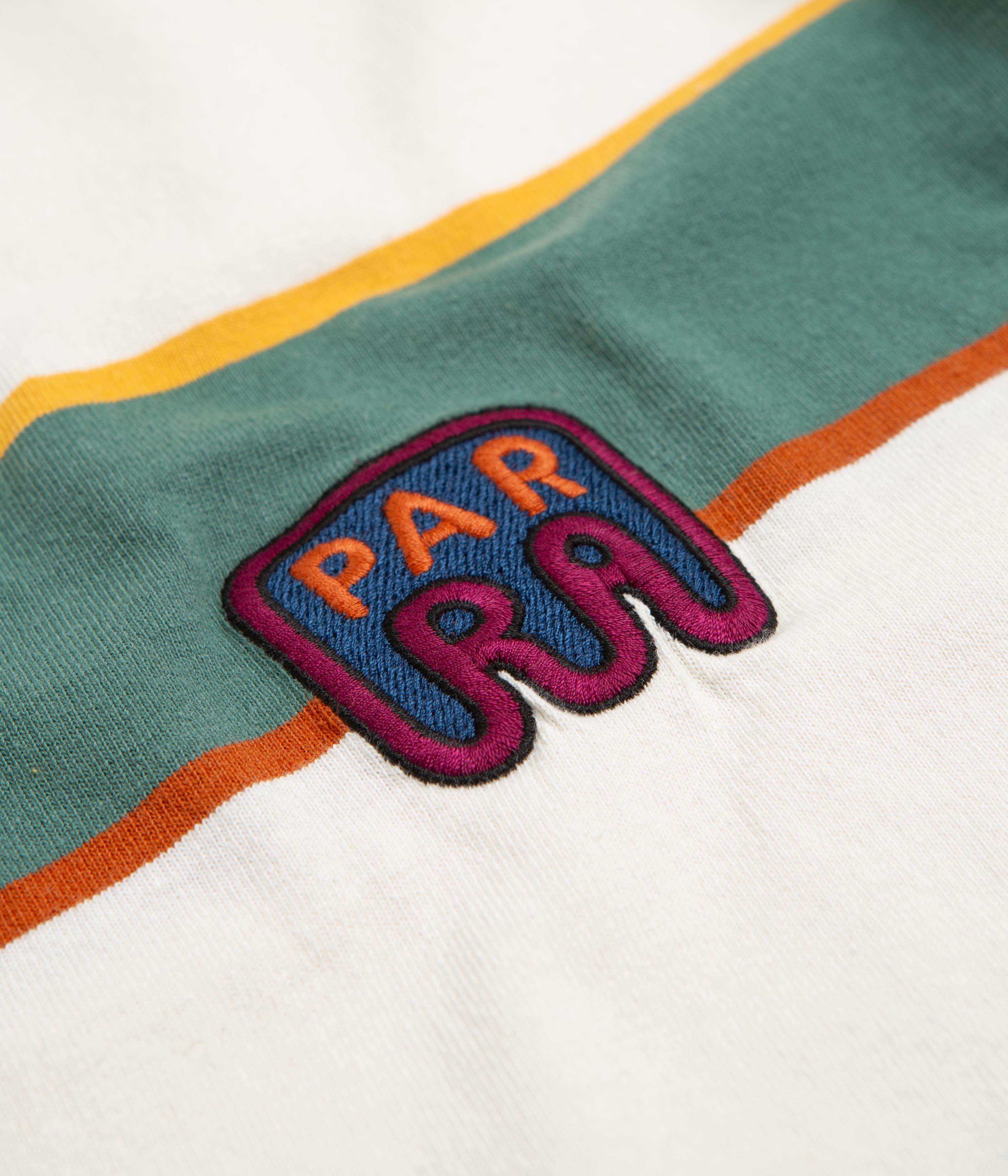 Parra Fast Food Logo Striped T-Shirt in Burned Yellow | Vintage Graphic Tee for Men & Women | Perfect for Casual Wear, Street Style & Music Festivals