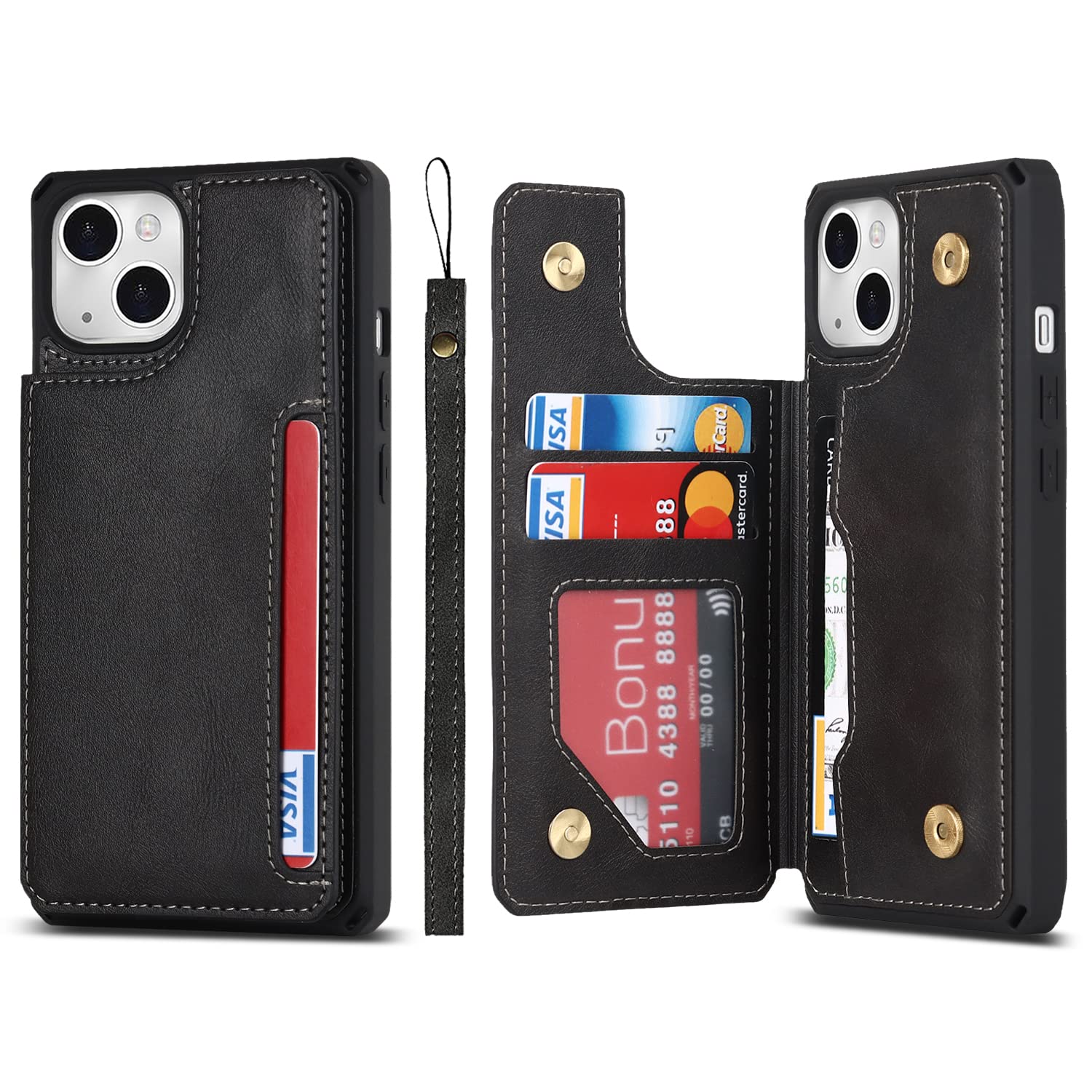 Premium Leather iPhone 13 Wallet Case with Card Holder & Stand - Shockproof Protective Phone Cover for Women & Men | Perfect for Travel, Work & Everyday Use (Black)