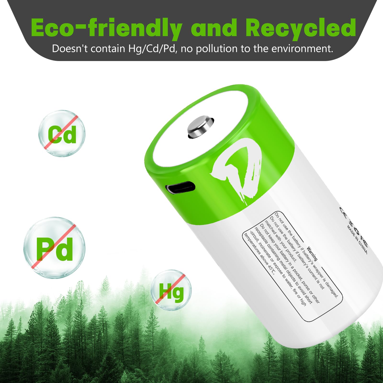 7500mWh Rechargeable D Batteries 4 Pack - Long Lasting 1.5V Li-ion D Cell Batteries with USB-C Charging Cable - Perfect for Flashlights, Toys, Emergency Kits & Outdoor Gear (4 Count)