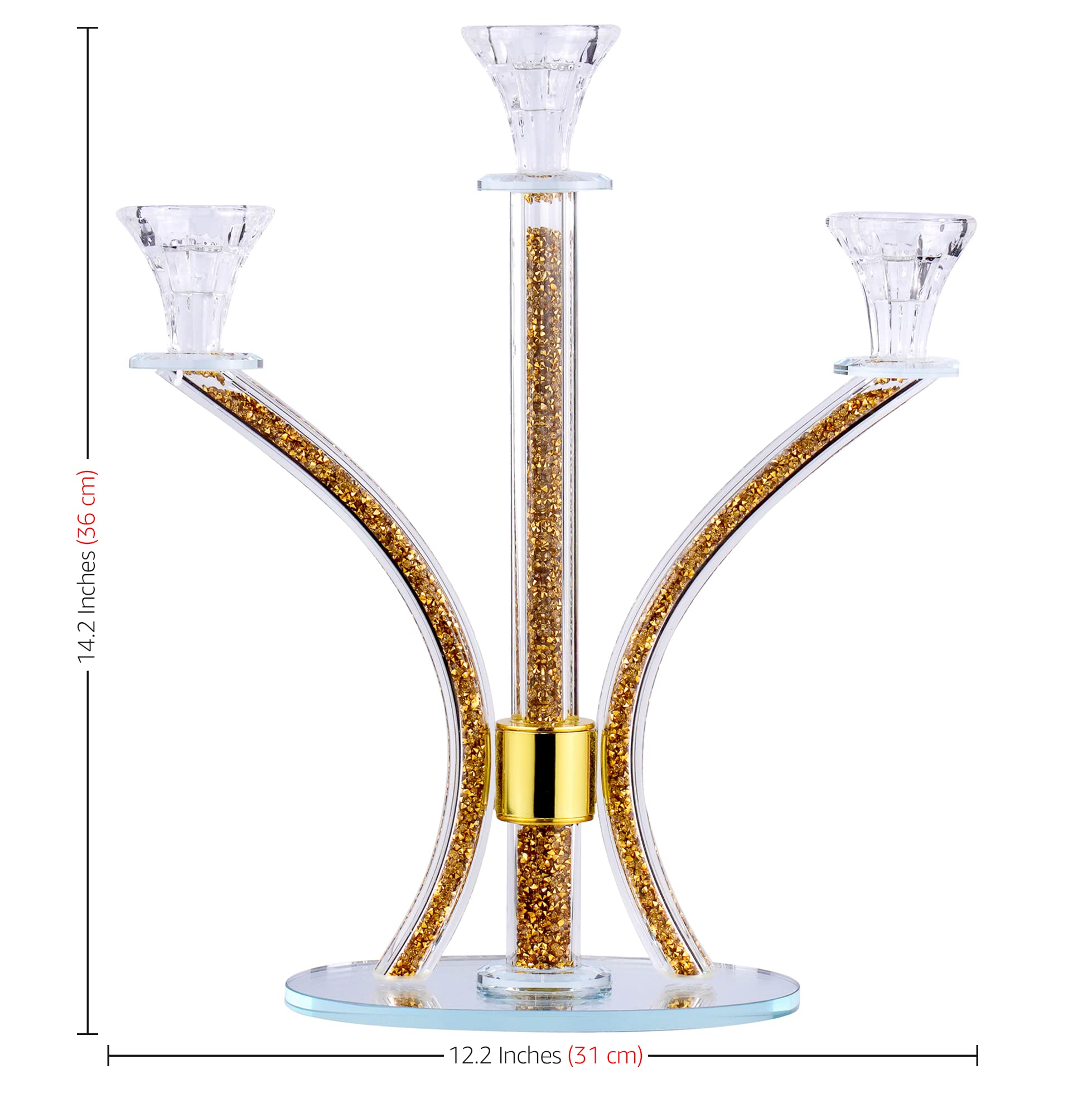 3-Arm Gold Crystal Candelabra Candle Holders - Elegant Modern Taper & Tea Light Candle Sticks - Luxury Dining Table Centerpiece Decor for Weddings, Parties & Home Decor