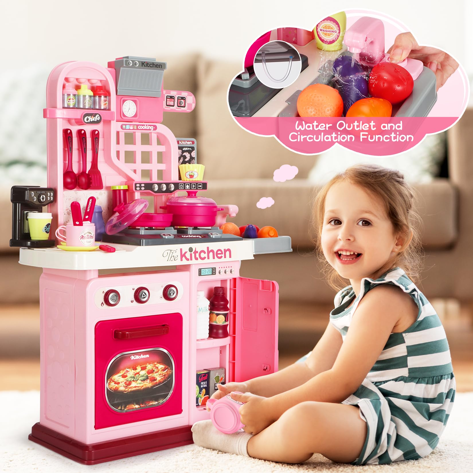 Pink Kids Play Kitchen Set with Sound & Light - 27.1