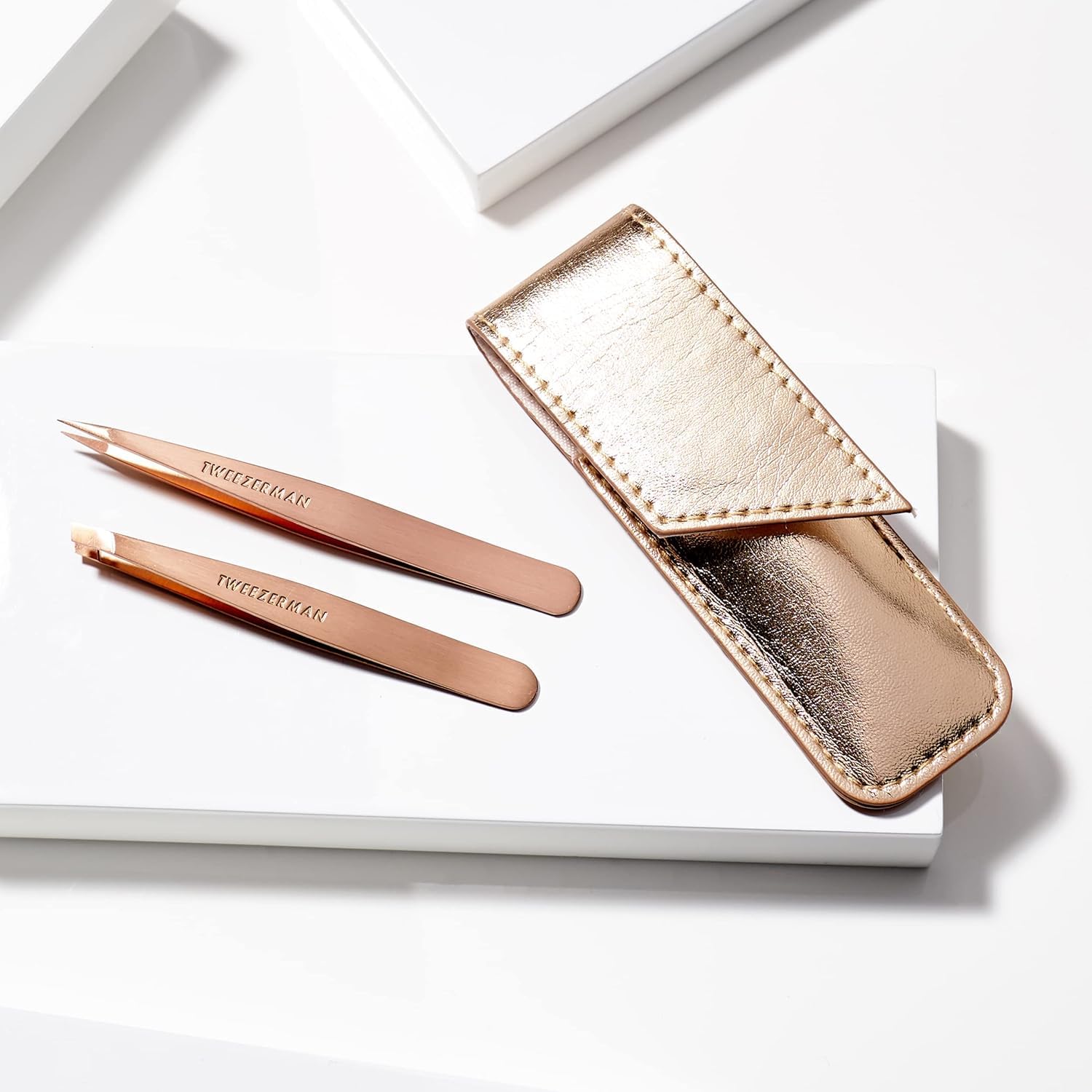 Tweezerman Rose Gold Petite Point & Slant Tweezer Set with Travel Case - Precision Grooming for Eyebrows, Splinters & Ingrown Hairs - Perfect for Travel, Home & Salon Use