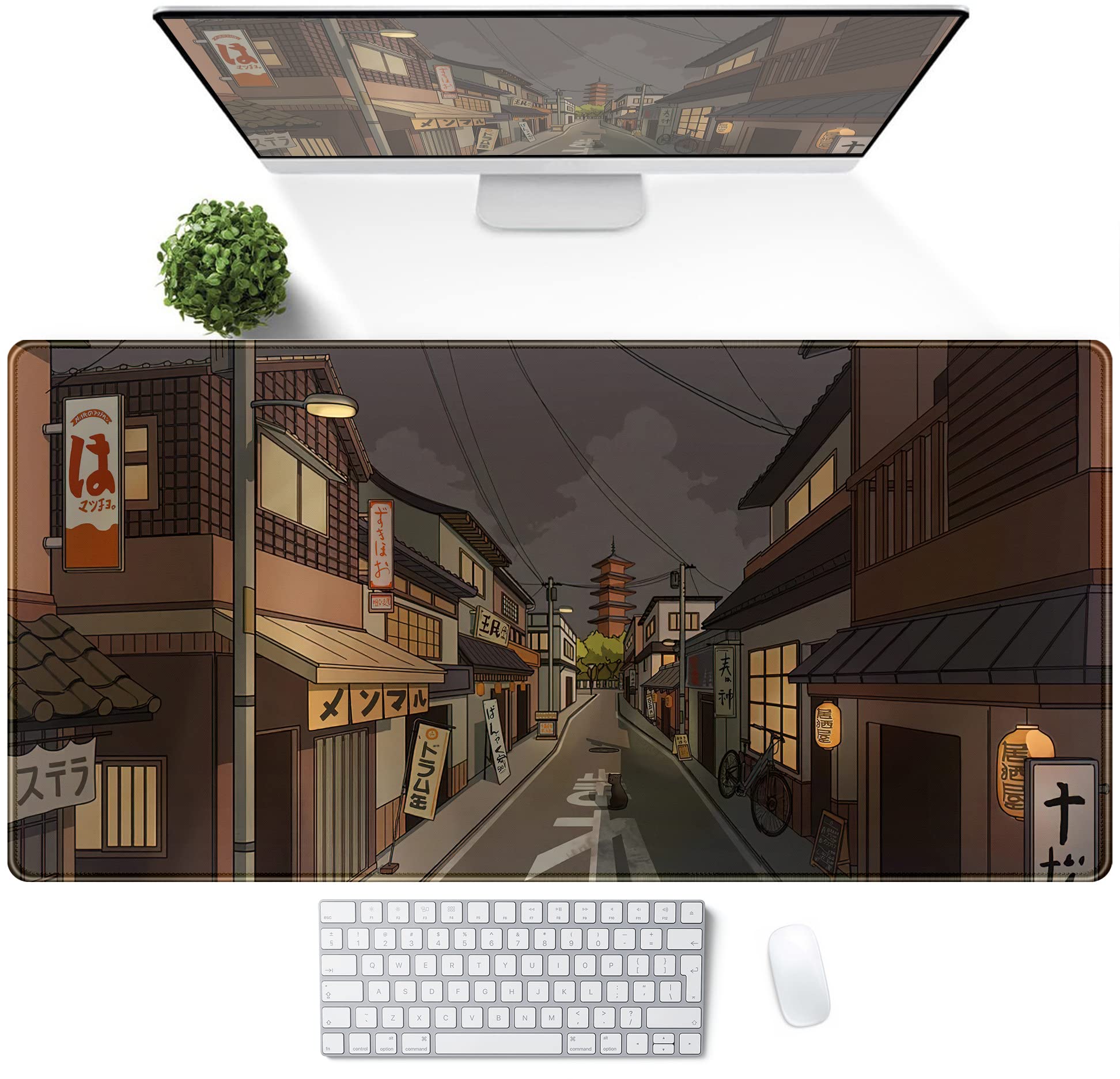 Tokyo Street at Night Kawaii Anime Gaming Mousepad & Keyboard Mat - XXL 31.5''x15.7'' for PC, Laptop, Office & Gaming Setup - Cute Japanese Style Desk Accessory