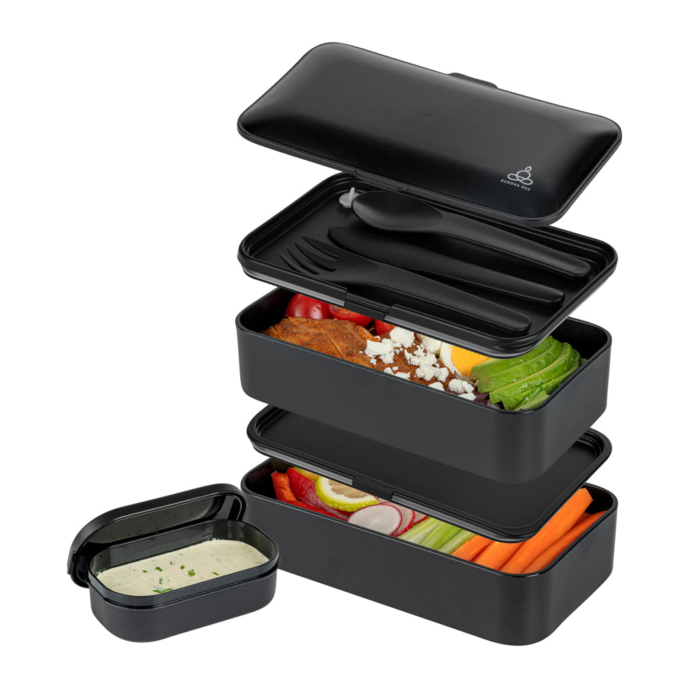 Bento Tek 41 oz Black Buddha Box - All-in-One Lunch Container with Utensils & Sauce Cup (7.25