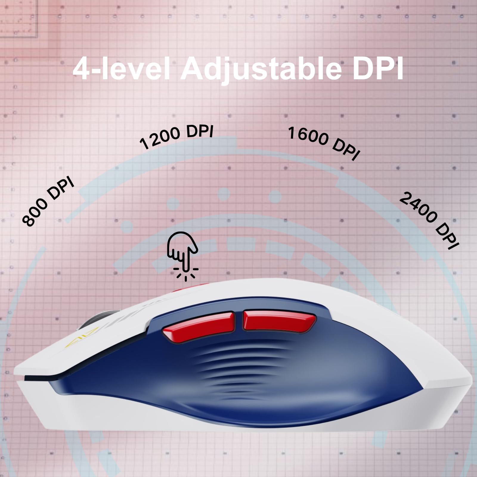 Upgraded Wireless Mouse with Visible Battery Display, Rechargeable 2.4G USB Optical Mouse, 4 Adjustable DPI Levels, Ergonomic Design for Laptop, PC, Computer - White and Blue - Perfect for Office, Home, and Gaming