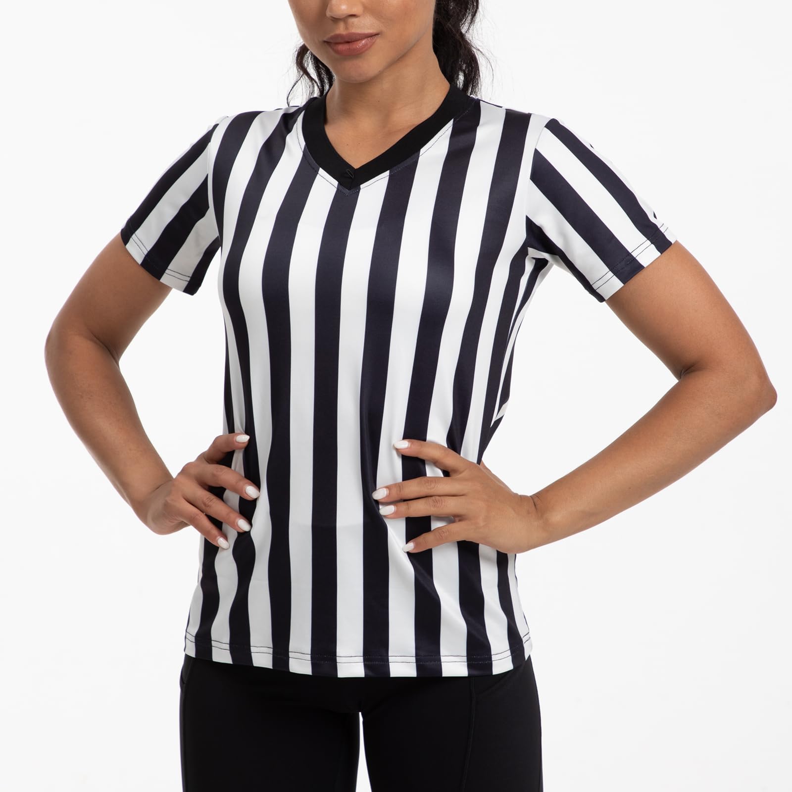 VKT Women's Referee Shirt - Black & White Striped Jersey for Basketball, Football & Soccer Officials - Perfect for Games, Sports Events & Halloween Costumes