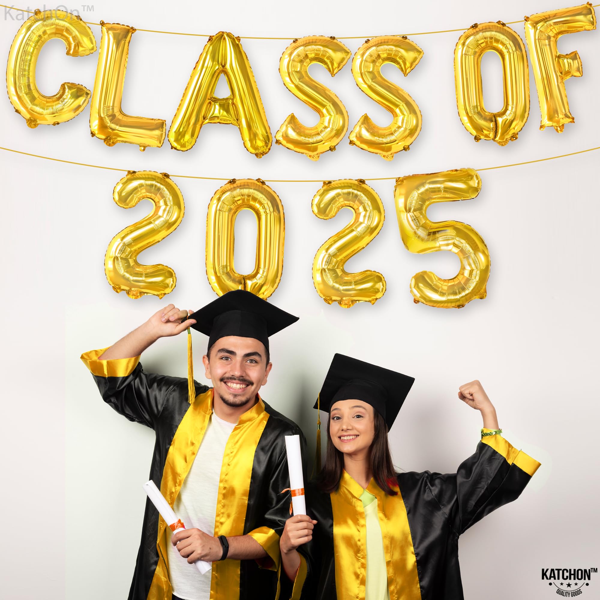 KatchOn Graduation Cap Garland - 10ft Gold & Black Class of 2025 Decor | 16in Graduation Balloons | Party Backdrop, Photo Booth & Wall Decoration for High School & College Graduation Celebrations