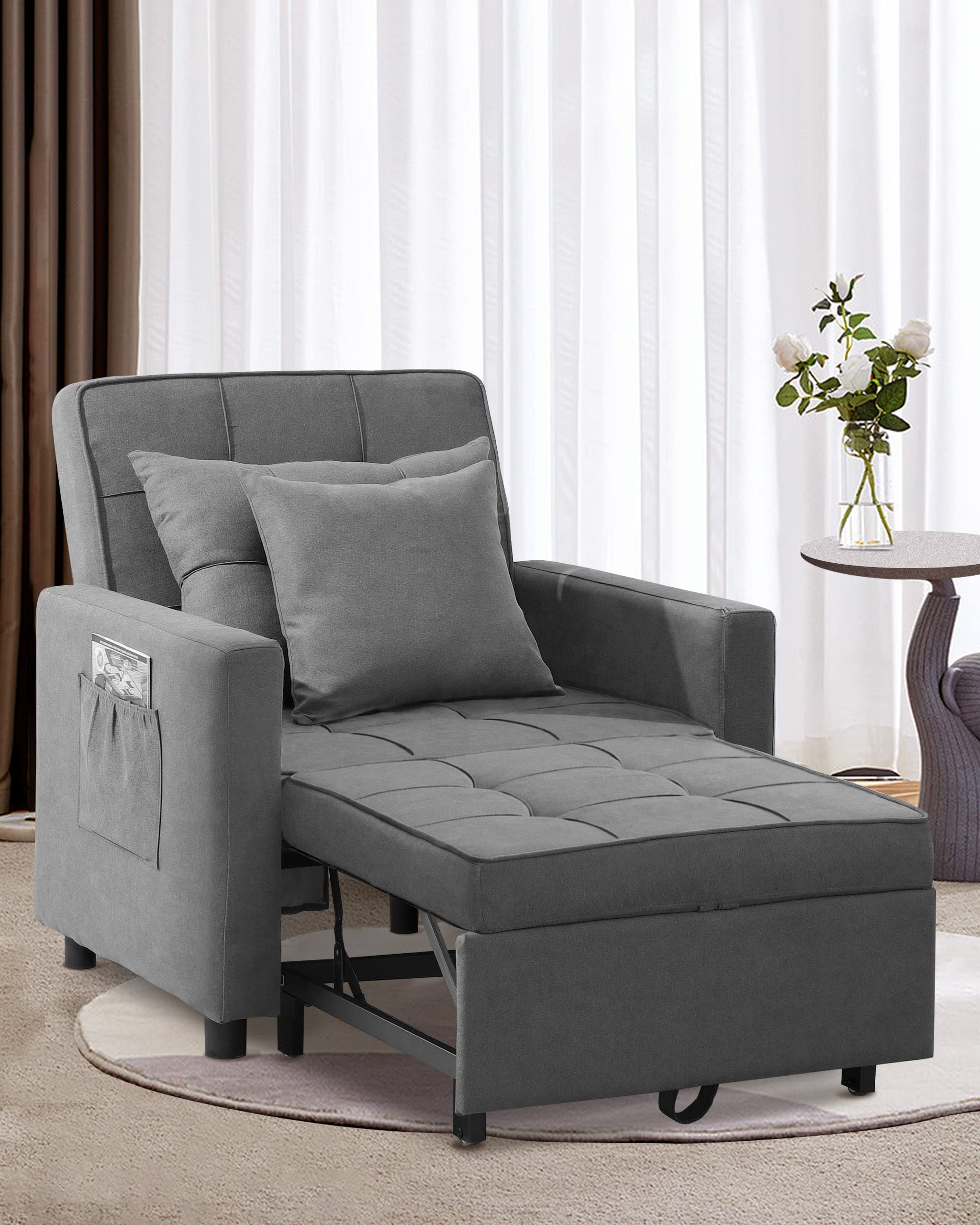 XSPRACER Convertible 3-in-1 Sleeper Chair Bed - Adjustable Backrest, Fleece Upholstered Armchair Sofa to Bed (Dark Gray) for Small Spaces, Guest Rooms & Studio Apartments