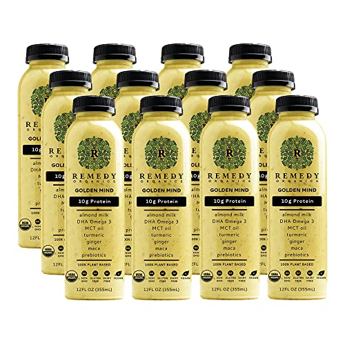 Remedy Organics Golden Mind 12-Pack | USDA Organic Plant-Based Protein Shakes | Gluten Free, Dairy Free, Soy Free Ready-to-Drink Beverage | Perfect for Post-Workout Recovery & Healthy On-the-Go Nutrition