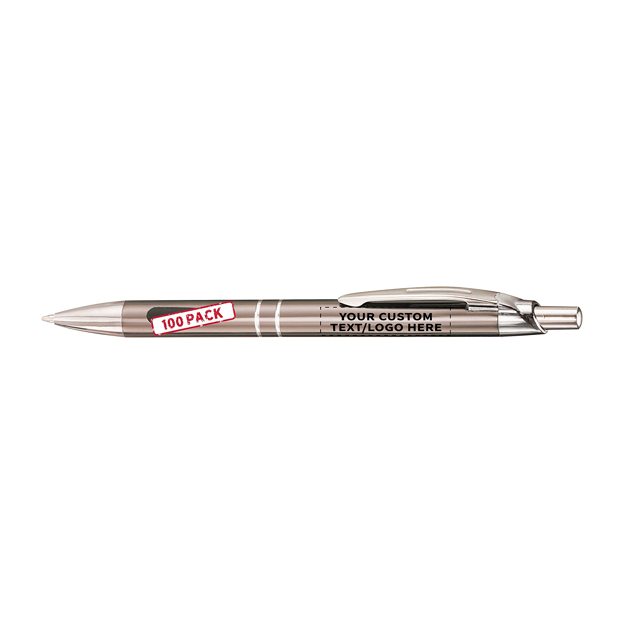 100 Pack Black Ink Metal Pens with Custom Text & Logo - Retractable Ballpoint Pens with Silver Accents - Premium Office & School Supplies for Business Gifts, Promotions & Everyday Writing