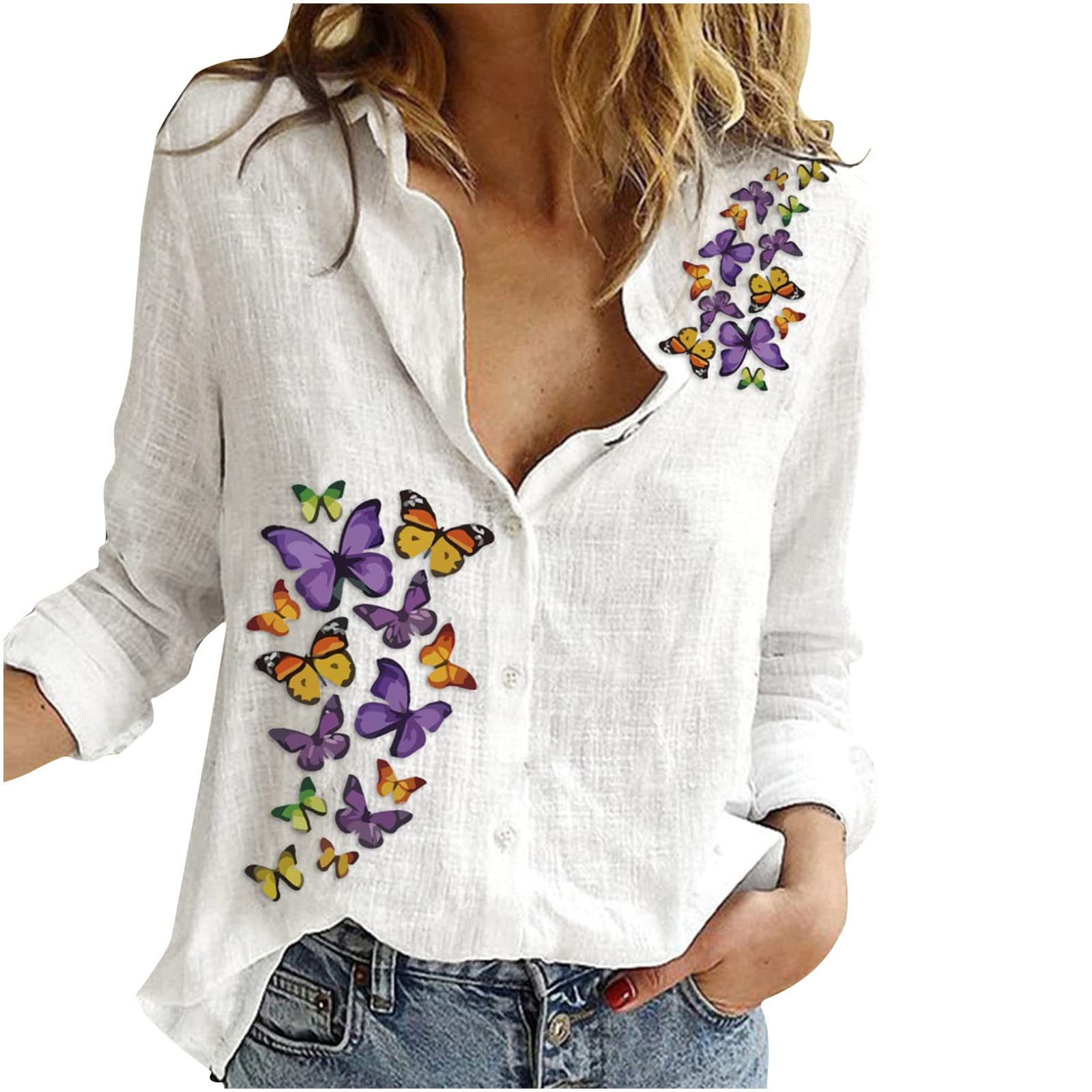 Women's Lapel V-Neck Mushroom Print Shirts - Summer Cotton Linen Long Sleeve Button Down Blouses for Casual Wear & Office Outfits