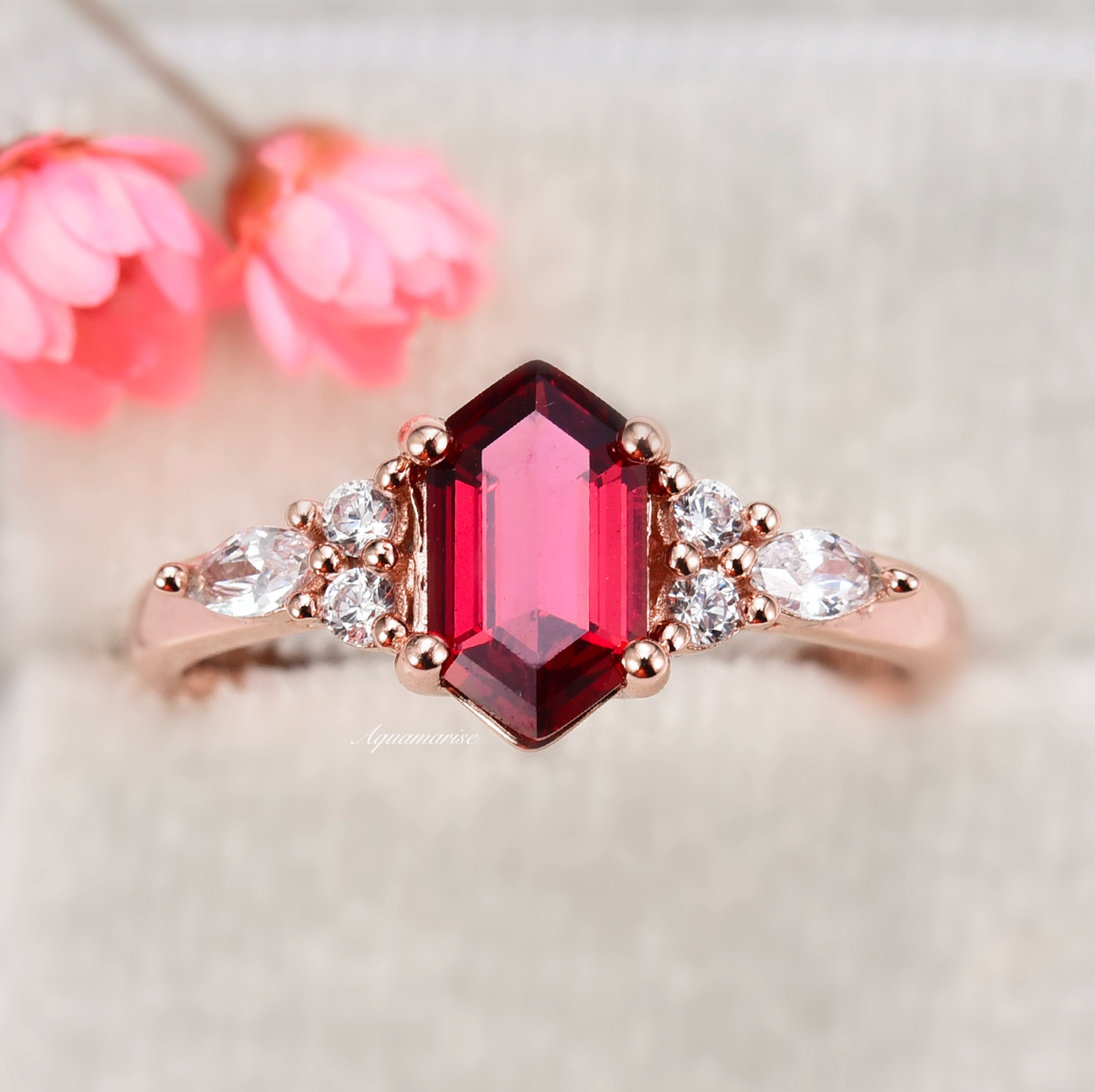 14K Rose Gold Vermeil Sonnet Hexagon Ruby Ring - Elegant Jewelry for Women, Perfect for Weddings, Anniversaries & Special Occasions