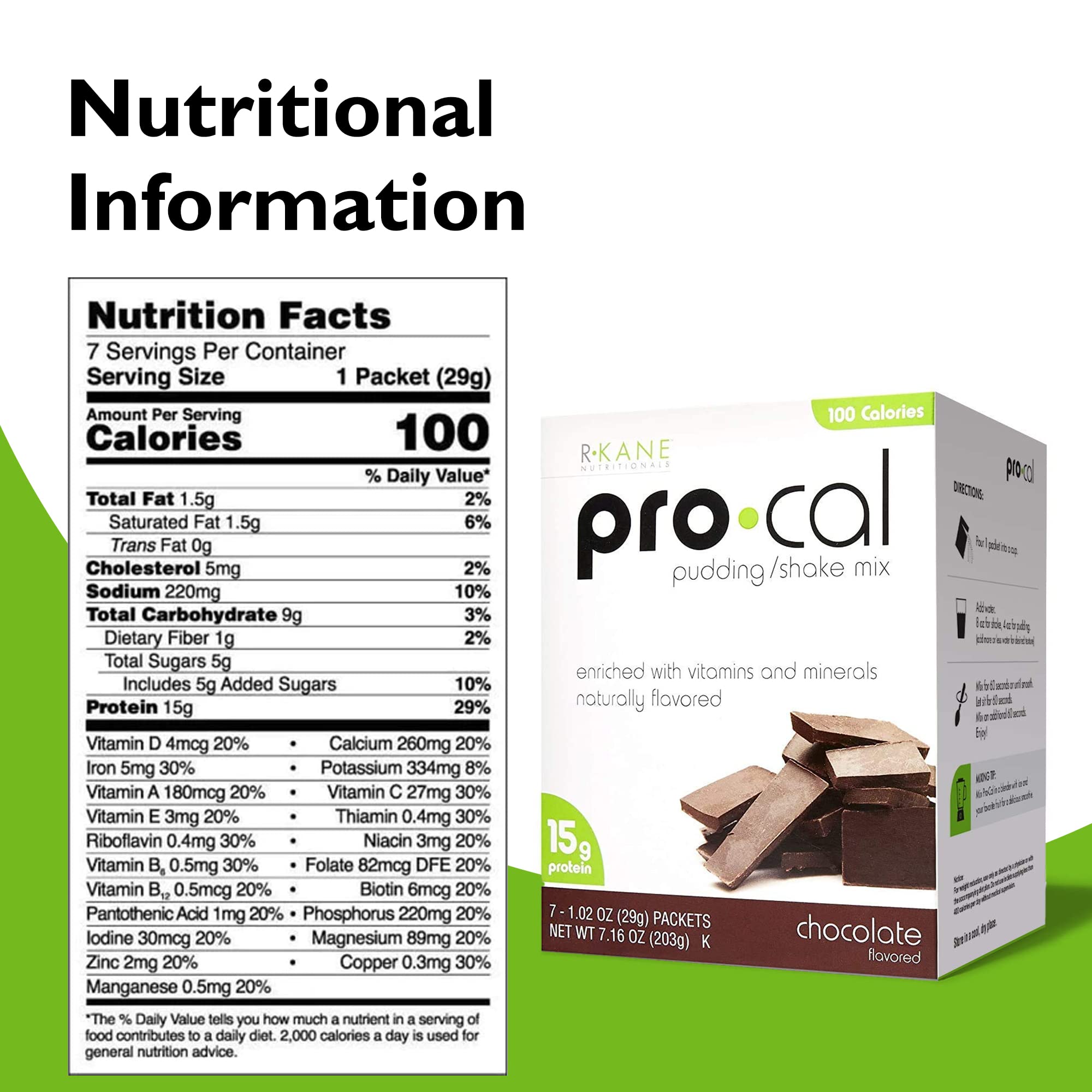 Pro-Cal Chocolate Protein Drink Mix - High Protein, Low Calorie Shake & Pudding Mix (15g Protein) - Meal Replacement & Breakfast Boost - 7 On-the-Go Packets - Perfect for Gym, Workout Recovery & Busy Mornings