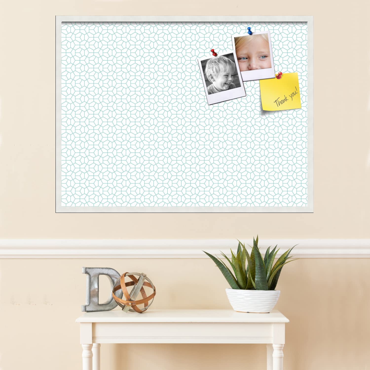 PinPix 40x30 Inch Cork Bulletin Board with Modern Hex Aqua Design & Satin White Frame - Decorative Wall Pin Board for Home Office School Classroom Decor - Perfect for Notes, Photos, Reminders & Vision Boards
