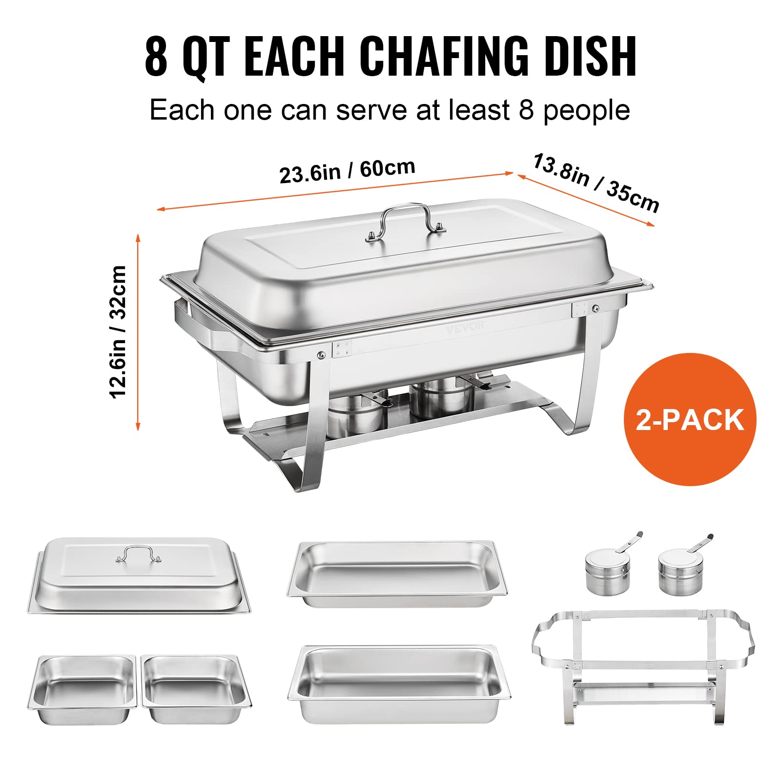 Stainless Steel 8 Qt Chafing Dish Buffet Set (2 Pack) - Includes 2 Full & 4 Half Size Pans, Rectangle Catering Warmer with Lid, Water Pan, Folding Stand, Fuel Tray & Holder Clip - Perfect for Buffets, Catering Events & Party Food Serving
