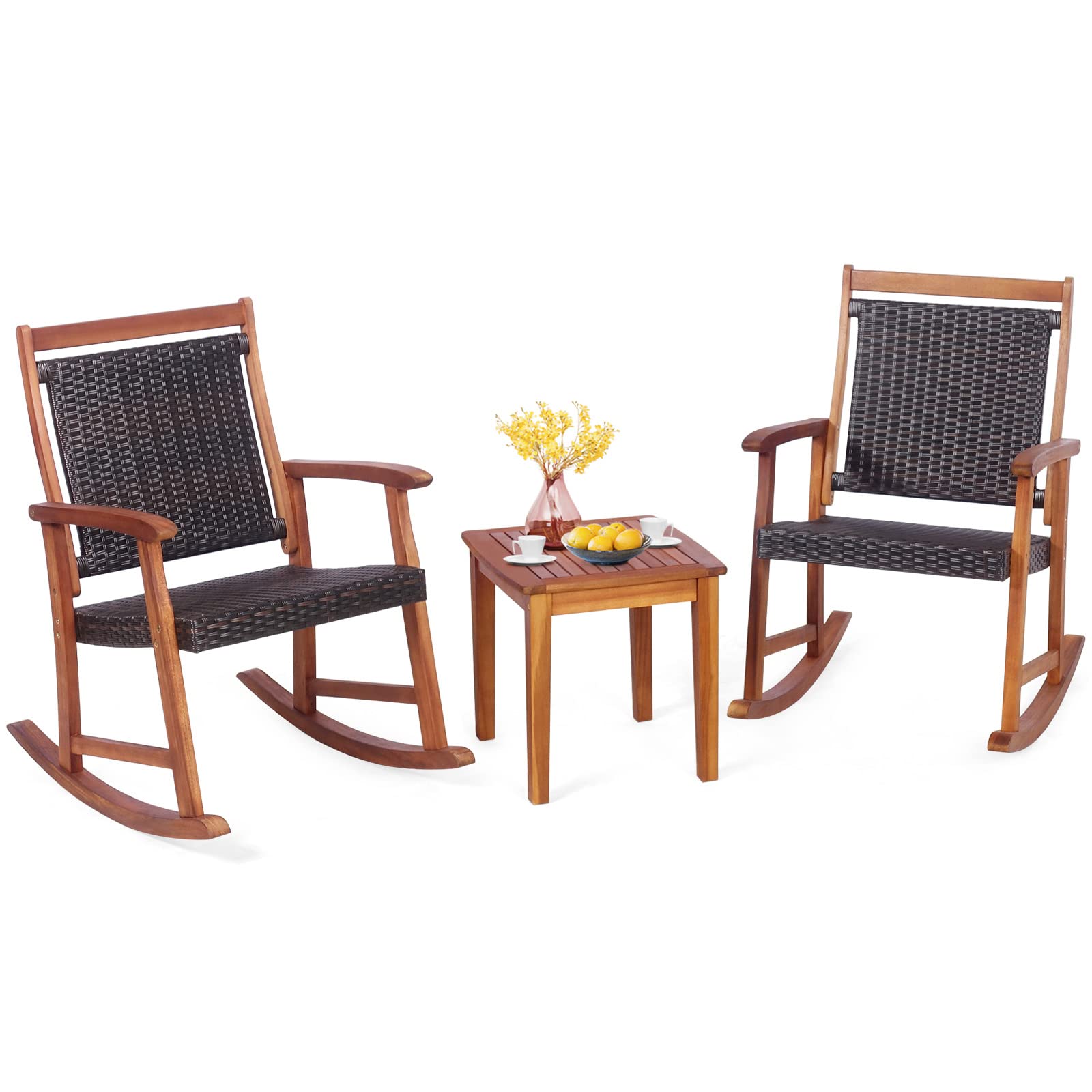 HAPPYGRILL 3-Piece Acacia Wood Rocking Bistro Set with Rattan Wicker Coffee Table - Patio Rocking Chairs & Conversation Set for Garden, Porch, Backyard - Perfect for Outdoor Relaxation & Entertaining
