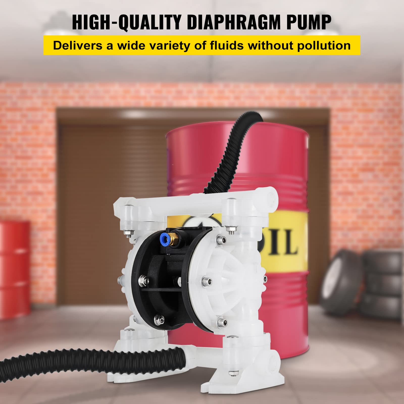 Happybuy 1/2 Inch Air-Operated Double Diaphragm Pump - 8.8 GPM, 120 PSI Max, Polypropylene Body with PTFE Diaphragm - Ideal for Transferring Petroleum, Diesel, Oil & Low Viscosity Fluids in Industrial, Automotive and Chemical Applications
