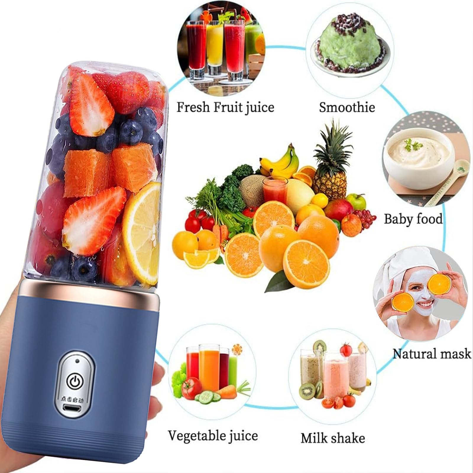 Portable USB Rechargeable Personal Blender - 400ML Mini Blender for Smoothies, Shakes & Juices with 6 Blades - Travel-Friendly Handheld Blender with Lid - Perfect for Gym, Kitchen, Office & Outdoor Use