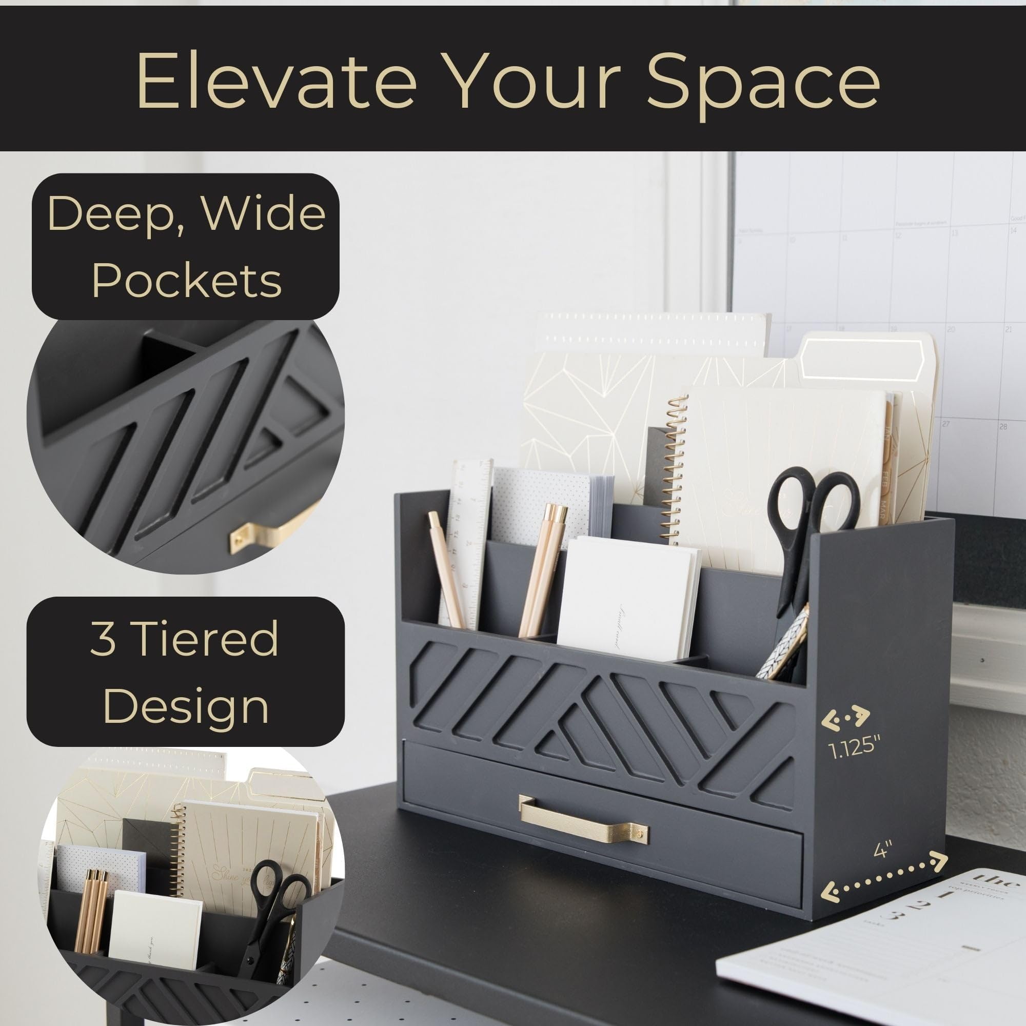 BLU MONACO Grey Wooden Desk Organizer with Drawer & Gold Handle - Stylish Office Desk Accessories for Home & Office Organization - Desktop Mail & Supply Storage - Perfect for Workspace, Study Desk & Gift Giving