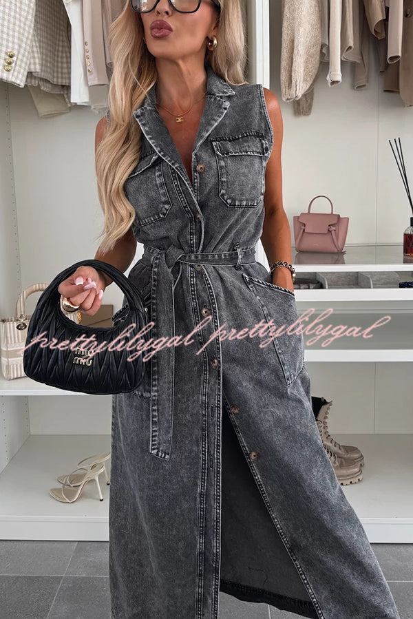 Solid Color Sleeveless Denim Midi Dress with Waist Tie & Pockets - Casual Summer Dress for Women, Perfect for Beach Outings, Picnics, and Weekend Brunch