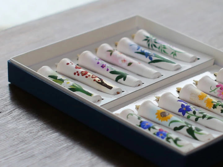 DAIYO Hand-Painted Rice Wax Candles - 12-Piece Set with Four Seasons Floral Design | Traditional Japanese Wa Rousoku Candles for Home Decor, Meditation & Gift Giving