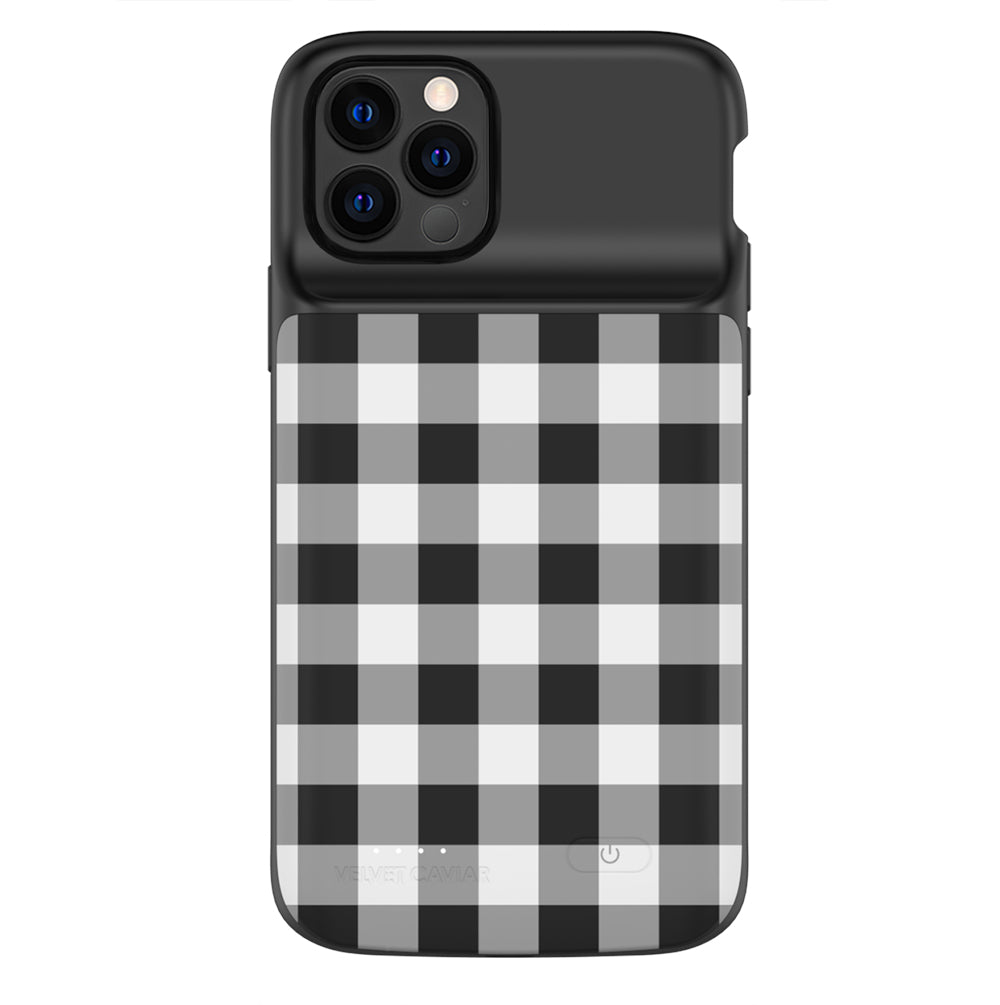 Black Gingham Pattern iPhone Charging Case - Slim Protective Phone Cover with Built-in Battery for iPhone 13/14/15 Pro Max - Perfect for Travel, Work & Everyday Use