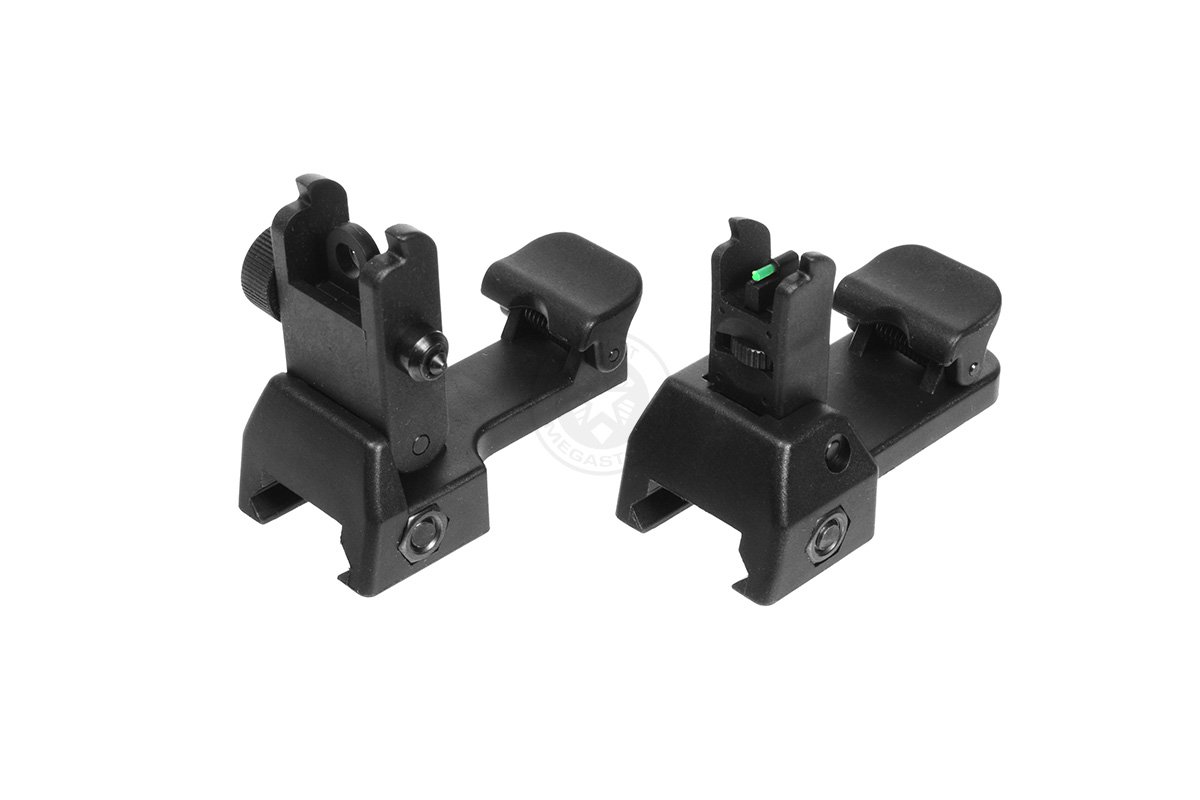 ASG Airsoft Low-Profile Fiber Optic Flip-Up Iron Sights Set - Front & Rear Picatinny/Weaver Rail Mount - Detachable & Adjustable Sights - 2 Pack (Black 17275) - Perfect for Airsoft Training, Tactical Shooting & Outdoor Sports