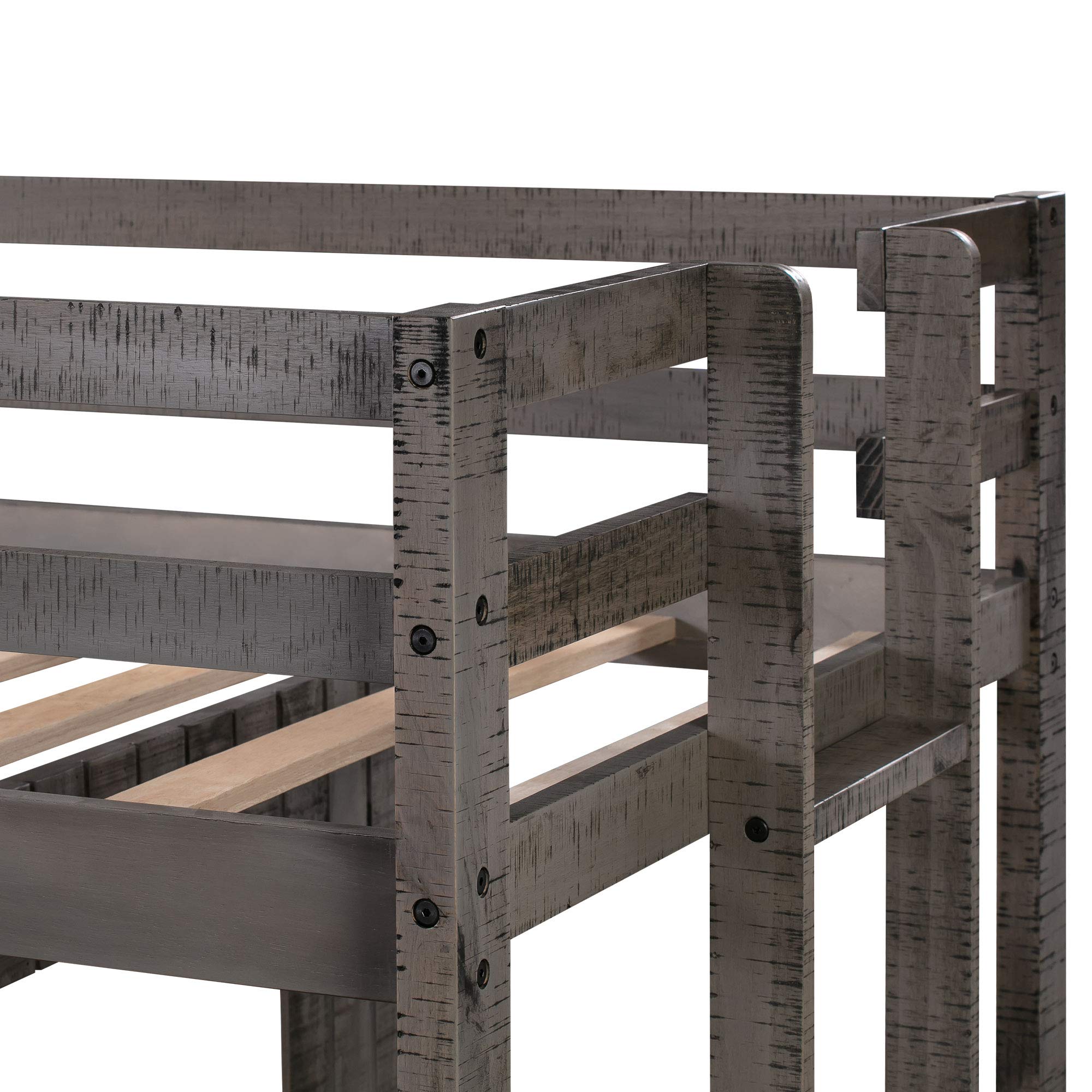Solid Wood Twin Over Full Bunk Bed for Kids & Teens - Farmhouse Style Loft Bed with Playhouse, Safety Guardrails & Ladder - No Box Spring Needed (Antique Gray) - Perfect for Small Bedrooms, Guest Rooms & Kids' Play Areas