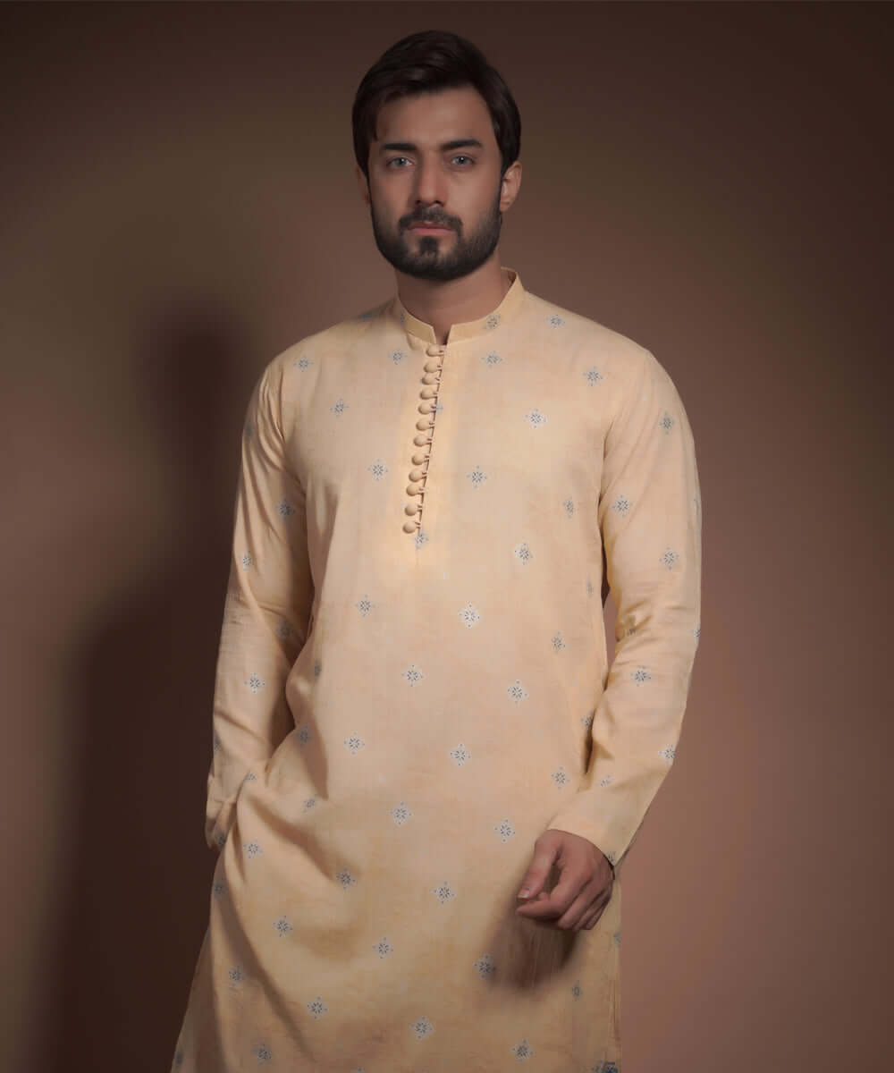 Dark Yellow Cotton Jacquard Kurta for Men - Traditional Indian Tunic with Embroidery - Perfect for Festivals, Weddings & Casual Wear