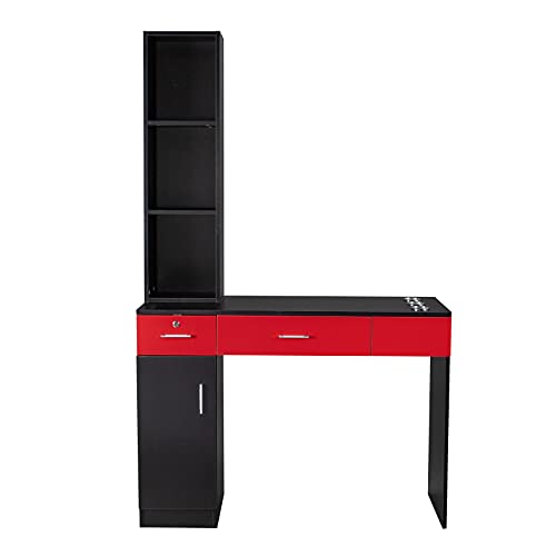 WiCCI GT6 15cm E0 Particleboard Salon Hairdressing Cabinet with Lock - 1 Door, 2 Drawers & 3-Layer Rack with Legs - Black & Red Pitted Surface - Perfect for Salon, Spa, Barber Shop & Home Beauty Station Organization